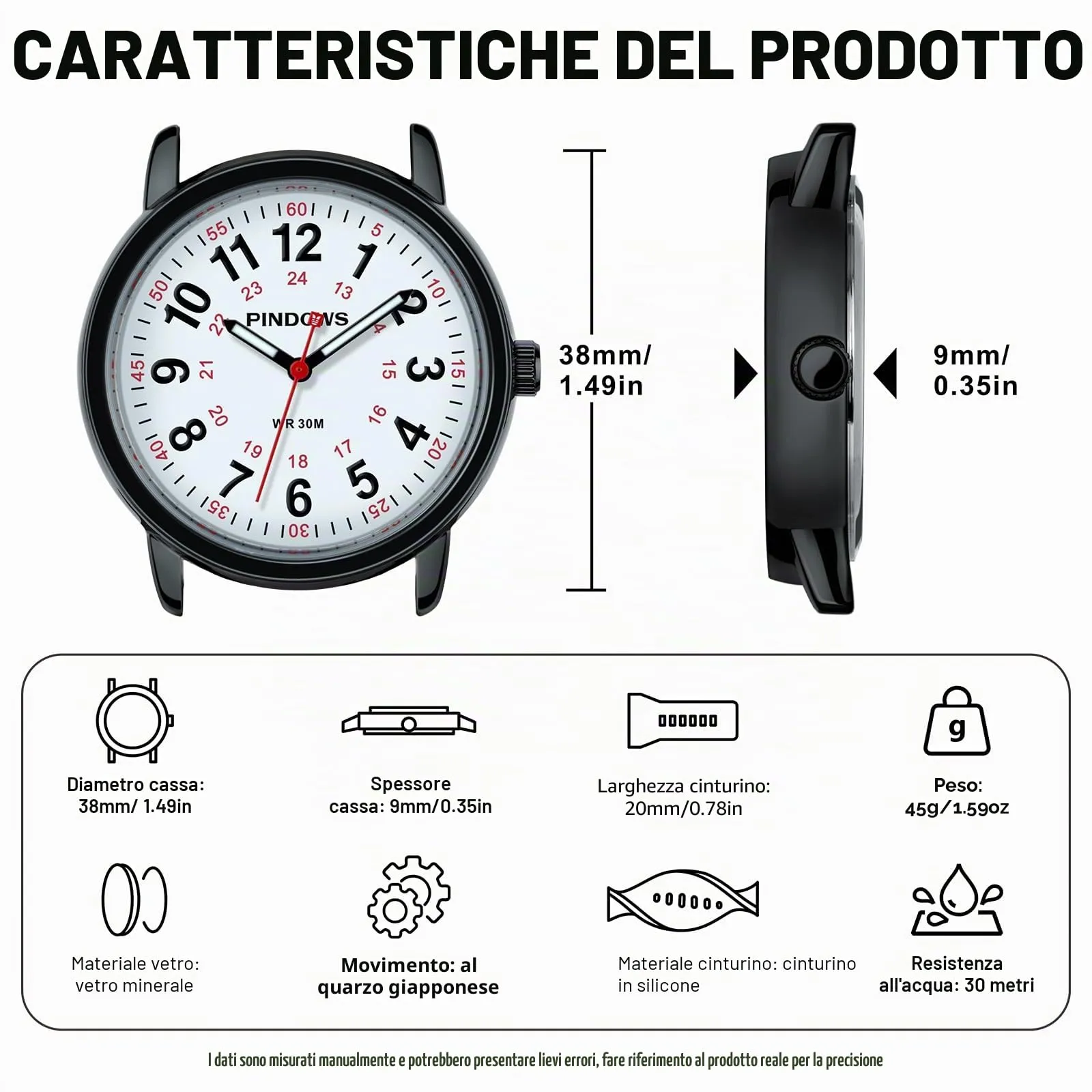 PINDOWS Orologi da polso analogici al quarzo da donna con cinturino in silicone per ragazze, signore, studentesse, facili da leggere, impermeabili. (Schwarz Schwarz) - immagine 5