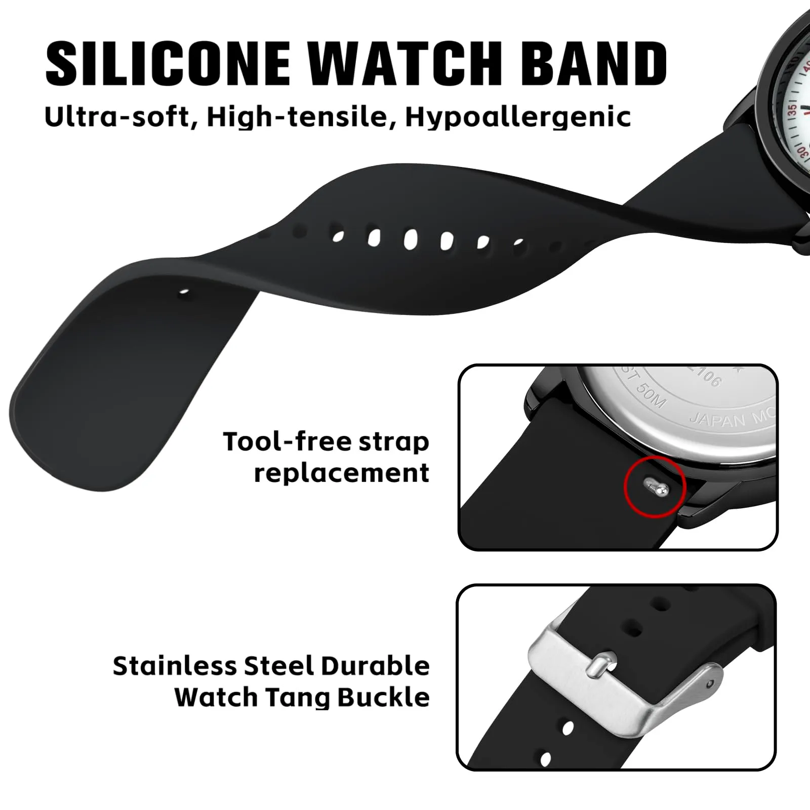 PINDOWS Orologi da polso analogici al quarzo da donna con cinturino in silicone per ragazze, signore, studentesse, facili da leggere, impermeabili. (Schwarz Schwarz) - immagine 6