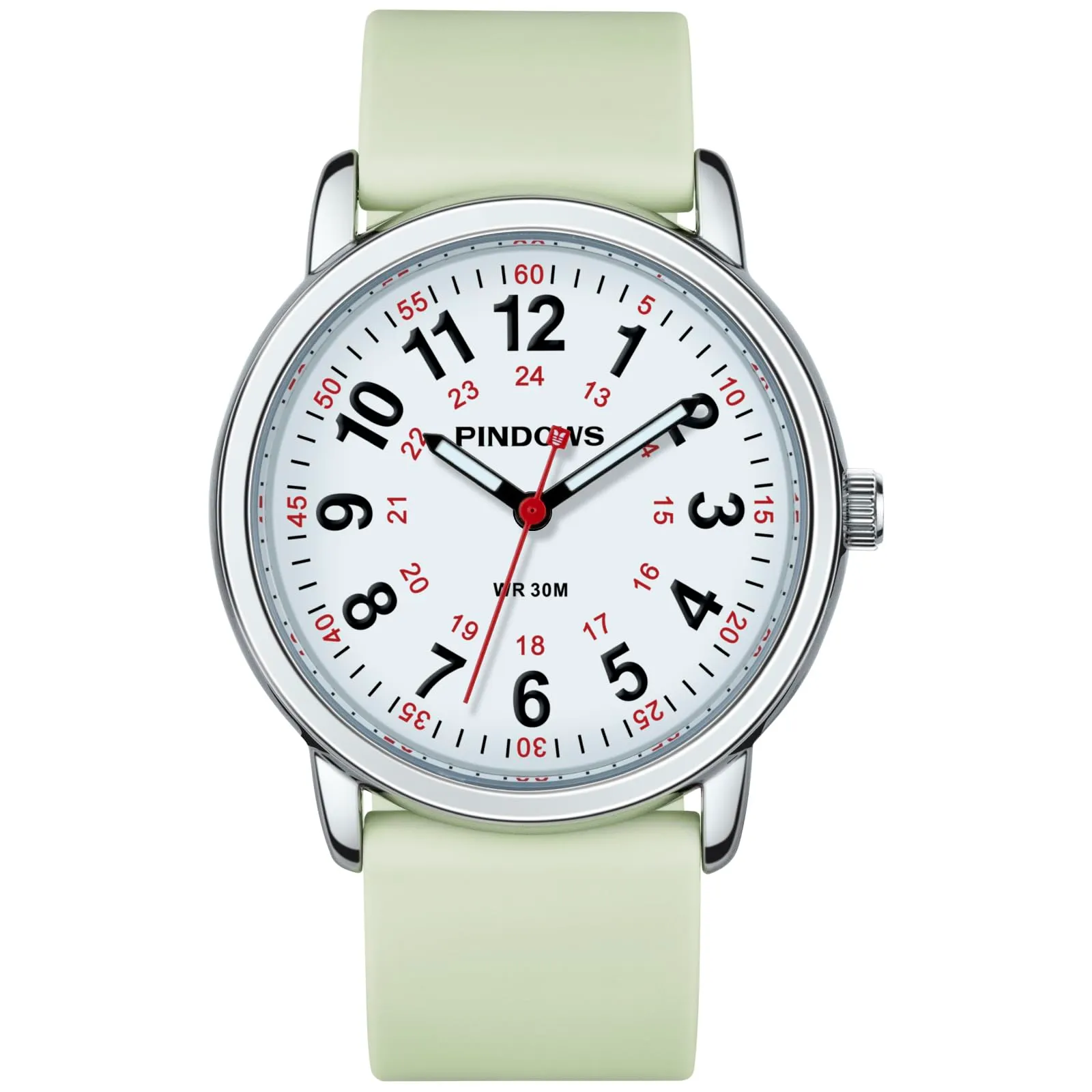 PINDOWS Orologi da polso analogici al quarzo da donna con cinturino in silicone per ragazze, signore, studentesse, facili da leggere, impermeabili. (Grün Silber) - immagine 2