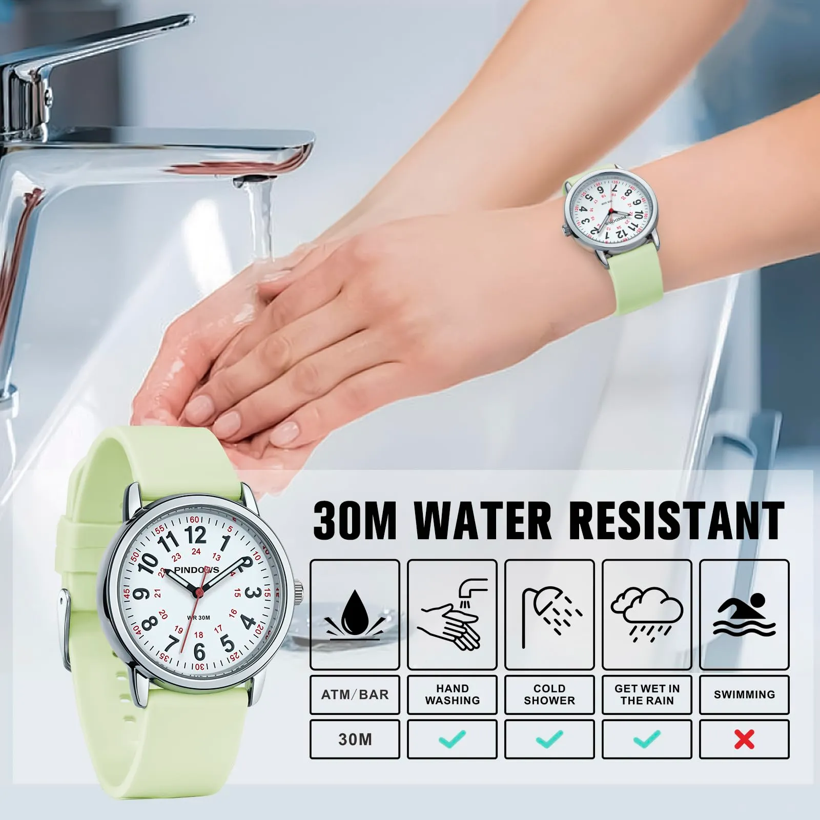 PINDOWS Orologi da polso analogici al quarzo da donna con cinturino in silicone per ragazze, signore, studentesse, facili da leggere, impermeabili. (Grün Silber) - immagine 3
