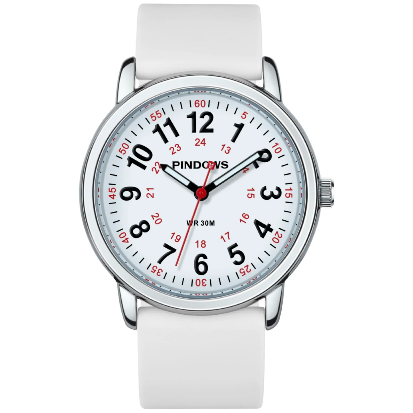 PINDOWS Orologi da polso analogici al quarzo da donna con cinturino in silicone per ragazze, signore, studentesse, facili da leggere, impermeabili. (Weiß/Silberfarben) - immagine 2