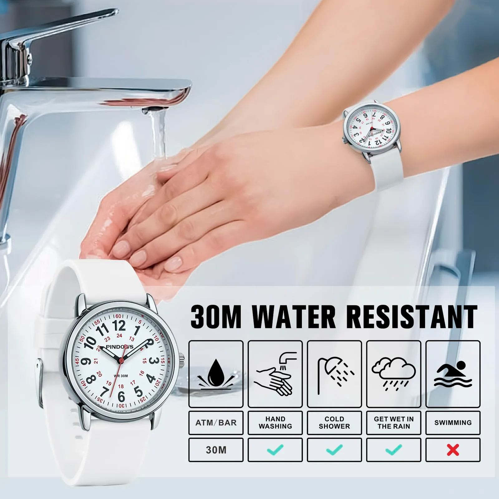 PINDOWS Orologi da polso analogici al quarzo da donna con cinturino in silicone per ragazze, signore, studentesse, facili da leggere, impermeabili. (Weiß/Silberfarben) - immagine 3