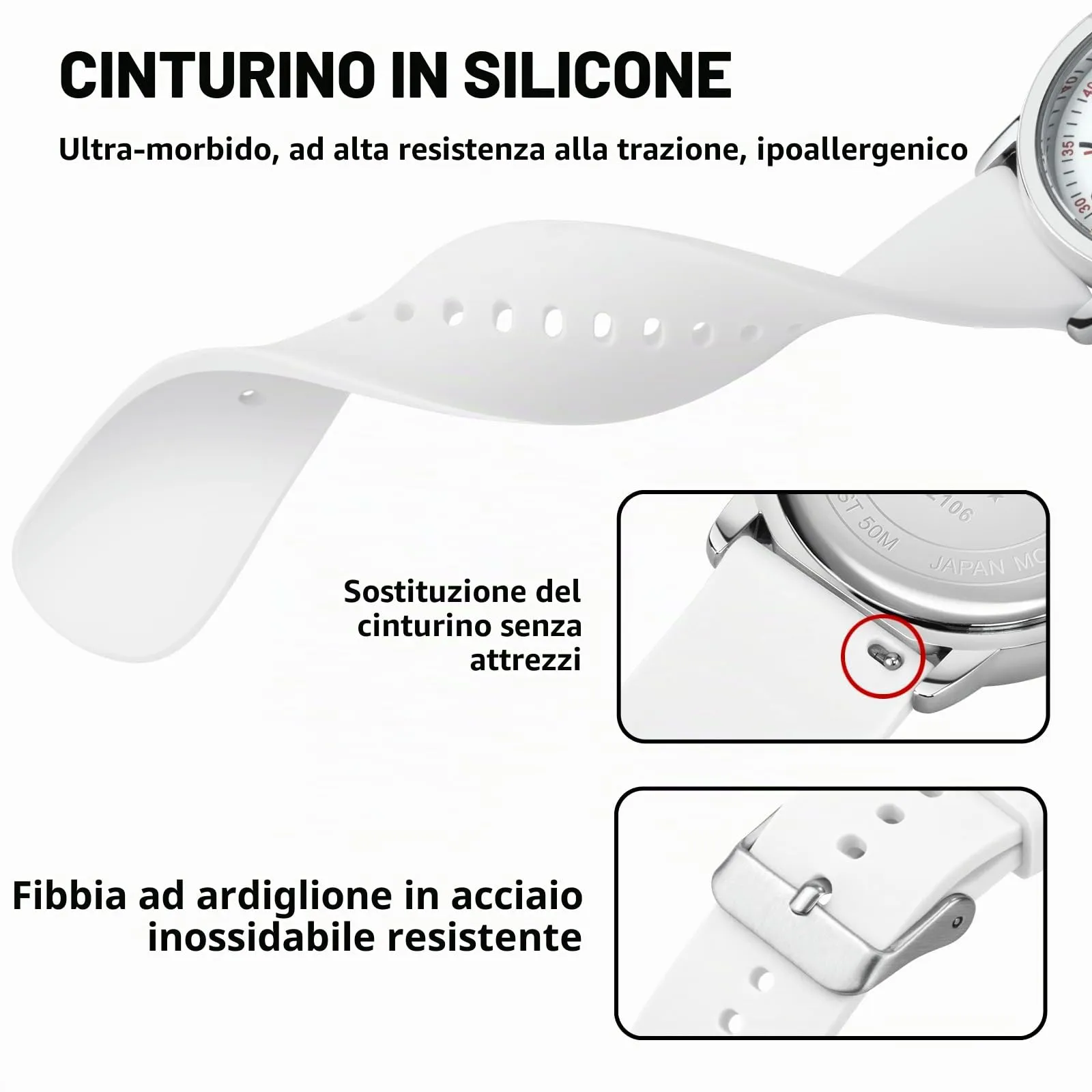 PINDOWS Orologi da polso analogici al quarzo da donna con cinturino in silicone per ragazze, signore, studentesse, facili da leggere, impermeabili. (Weiß/Silberfarben) - immagine 6