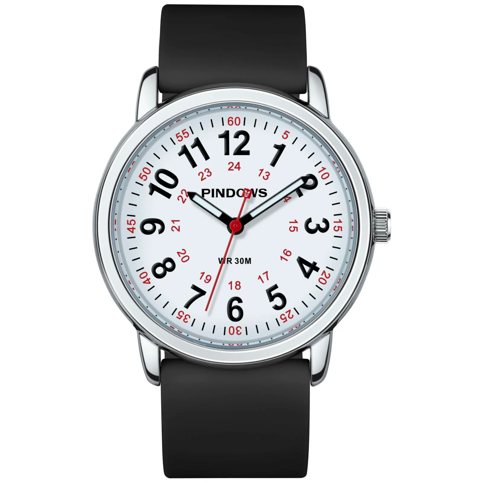 PINDOWS Orologi da polso analogici al quarzo da donna con cinturino in silicone per ragazze, signore, studentesse, facili da leggere, impermeabili. (Schwarz/Silberfarben) - immagine 2