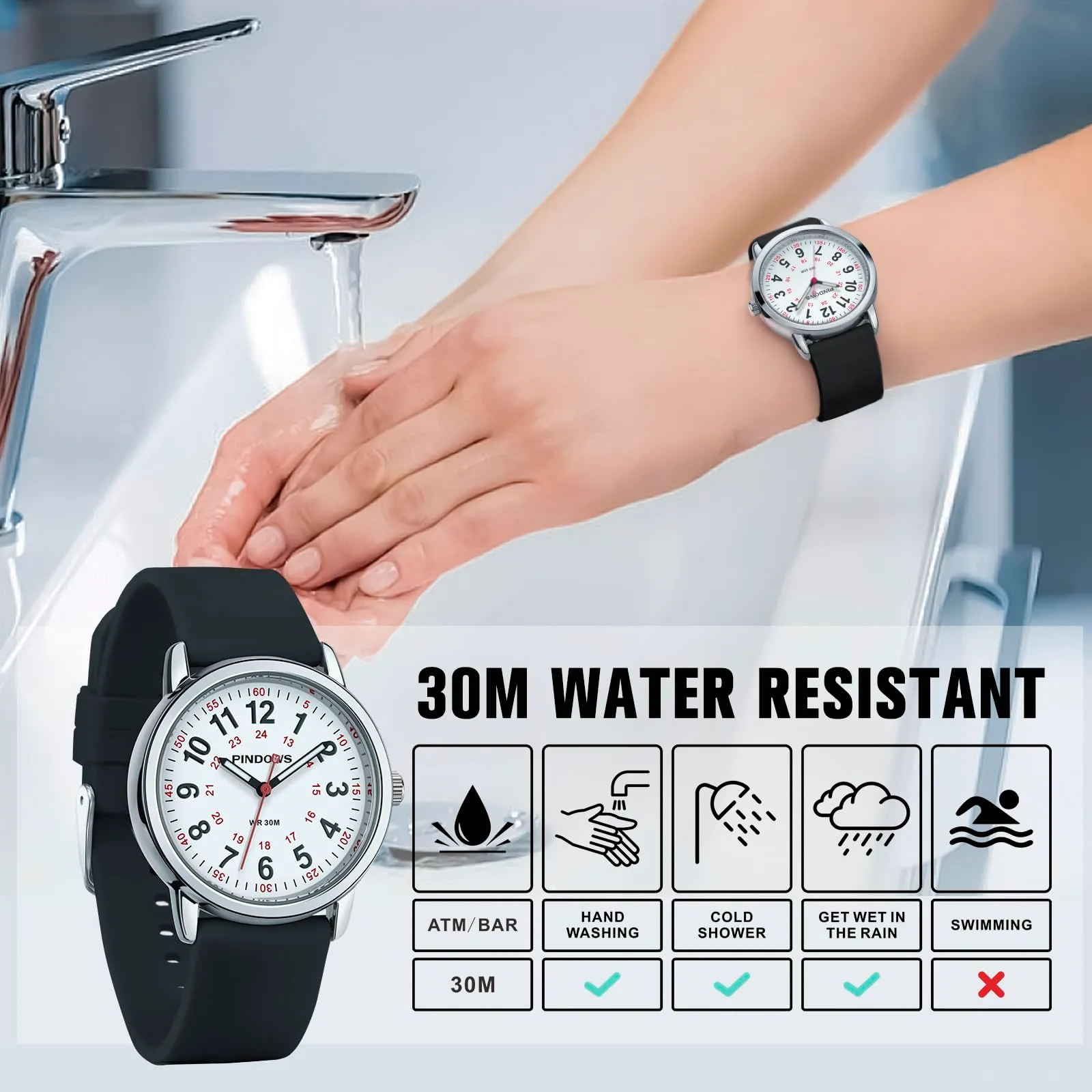 PINDOWS Orologi da polso analogici al quarzo da donna con cinturino in silicone per ragazze, signore, studentesse, facili da leggere, impermeabili. (Schwarz/Silberfarben) - immagine 3
