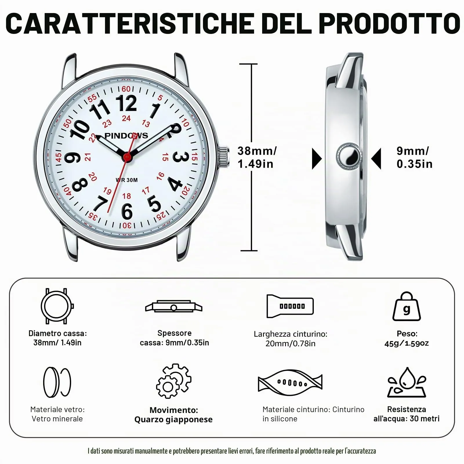 PINDOWS Orologi da polso analogici al quarzo da donna con cinturino in silicone per ragazze, signore, studentesse, facili da leggere, impermeabili. (Schwarz/Silberfarben) - immagine 5