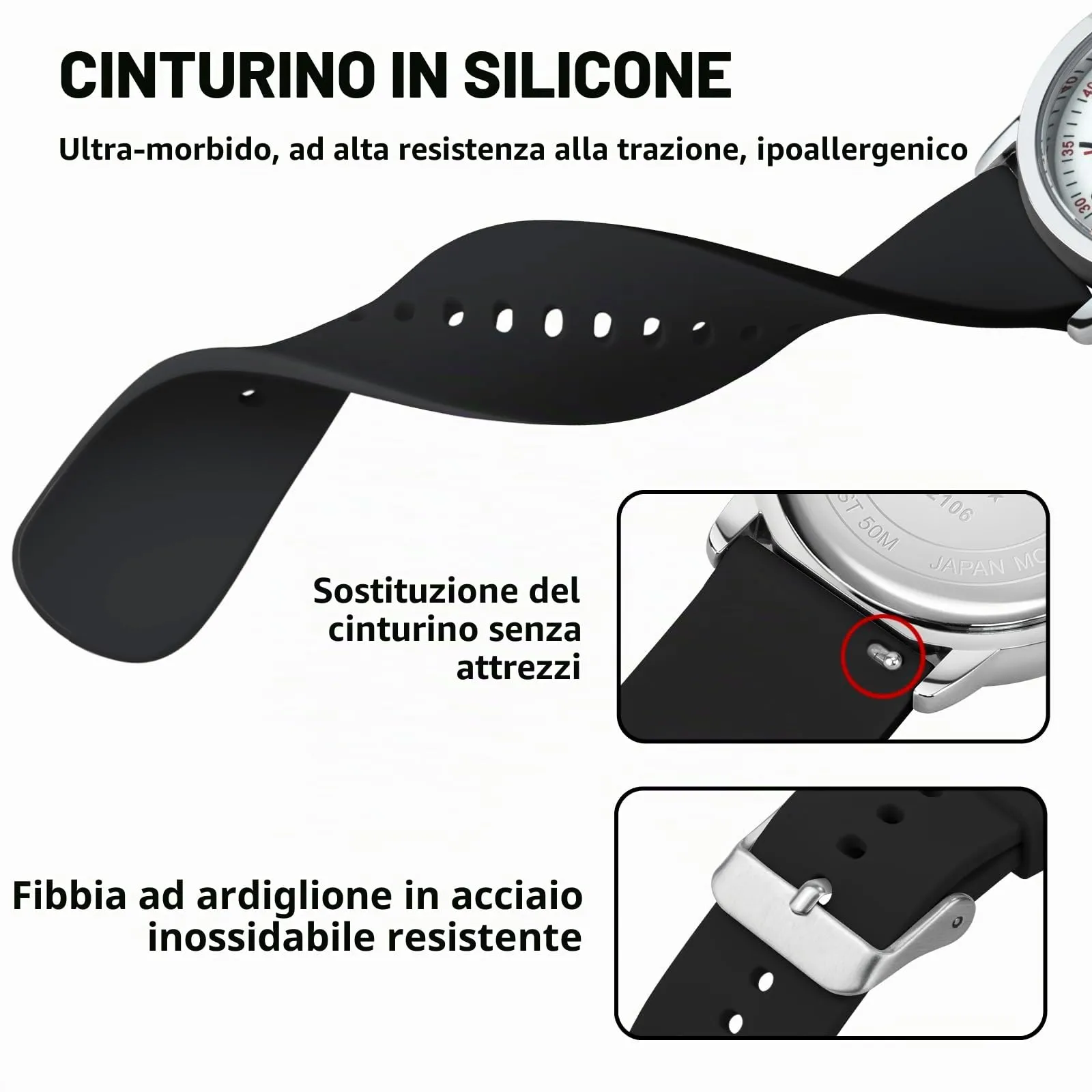 PINDOWS Orologi da polso analogici al quarzo da donna con cinturino in silicone per ragazze, signore, studentesse, facili da leggere, impermeabili. (Schwarz/Silberfarben) - immagine 6