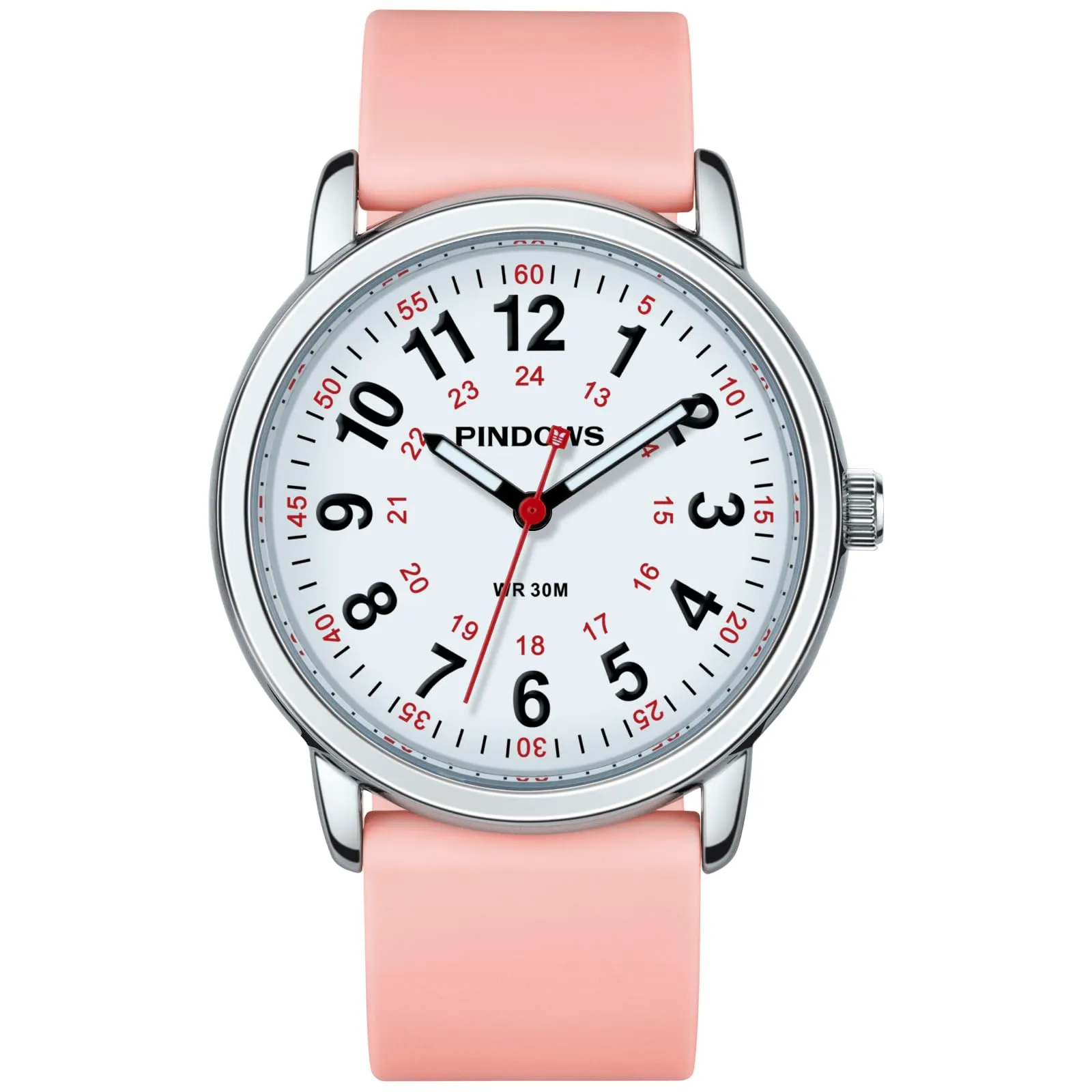PINDOWS Orologi da polso analogici al quarzo da donna con cinturino in silicone per ragazze, signore, studentesse, facili da leggere, impermeabili. (Rosa, Silber) - immagine 2