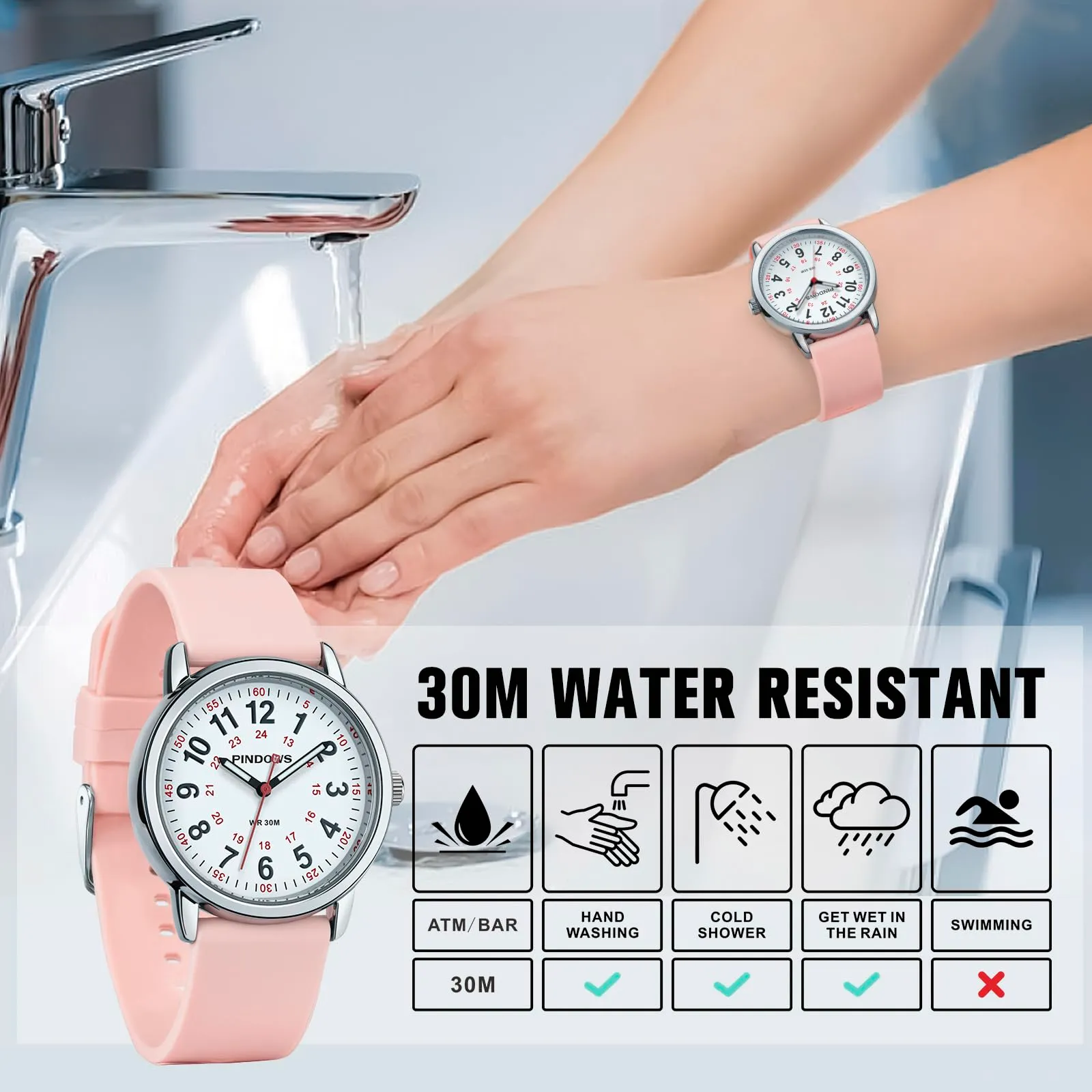 PINDOWS Orologi da polso analogici al quarzo da donna con cinturino in silicone per ragazze, signore, studentesse, facili da leggere, impermeabili. (Rosa, Silber) - immagine 3