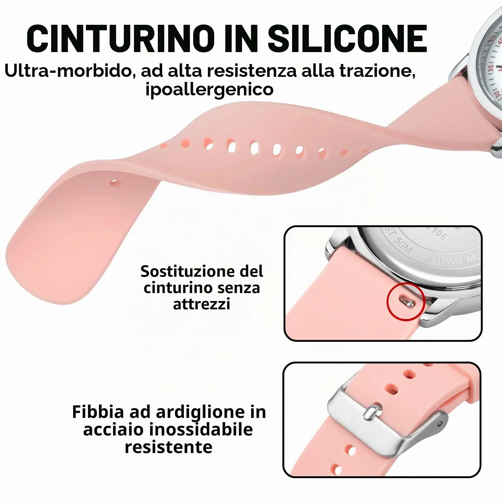 PINDOWS Orologi da polso analogici al quarzo da donna con cinturino in silicone per ragazze, signore, studentesse, facili da leggere, impermeabili. (Rosa, Silber) - immagine 6