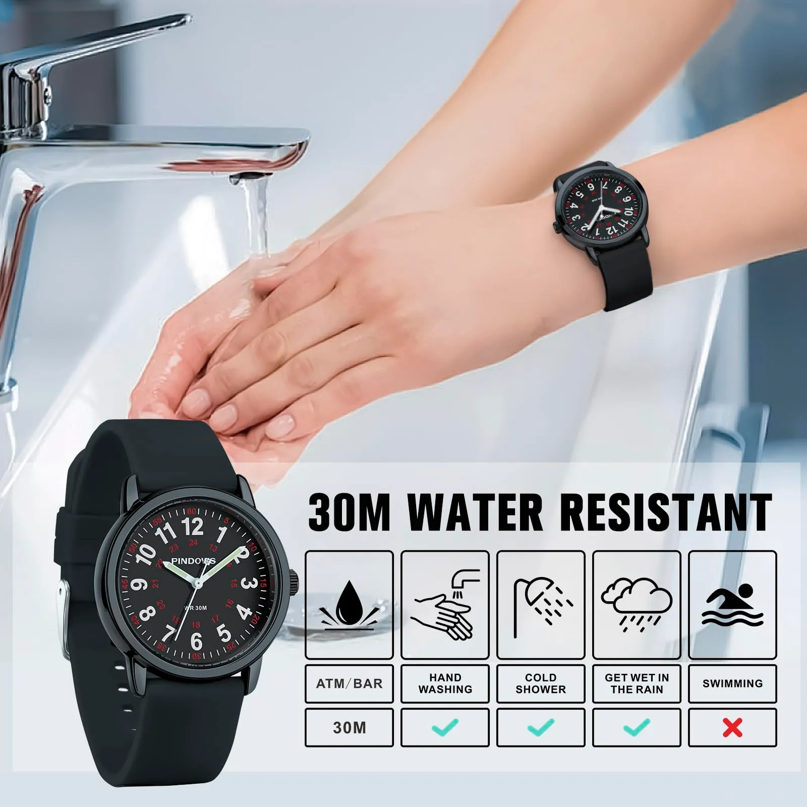 PINDOWS Orologi da polso analogici al quarzo da donna con cinturino in silicone per ragazze, signore, studentesse, facili da leggere, impermeabili. (Schwarz 2) - immagine 3