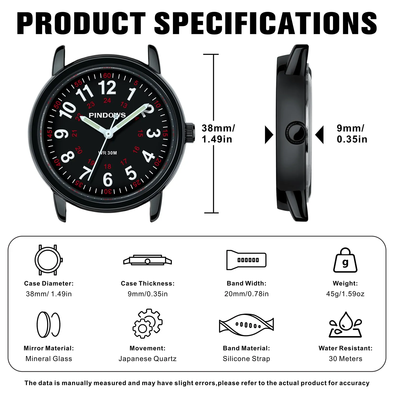 PINDOWS Orologi da polso analogici al quarzo da donna con cinturino in silicone per ragazze, signore, studentesse, facili da leggere, impermeabili. (Schwarz 2) - immagine 5