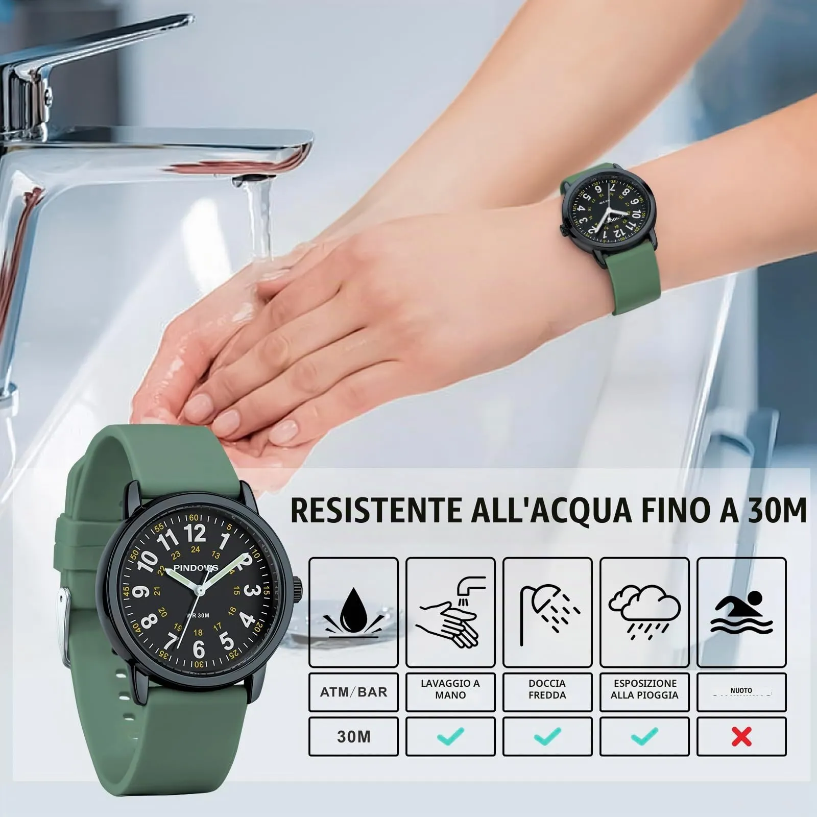 PINDOWS Orologi da polso analogici al quarzo da donna con cinturino in silicone per ragazze, signore, studentesse, facili da leggere, impermeabili. (Grün/Schwarz) - immagine 3