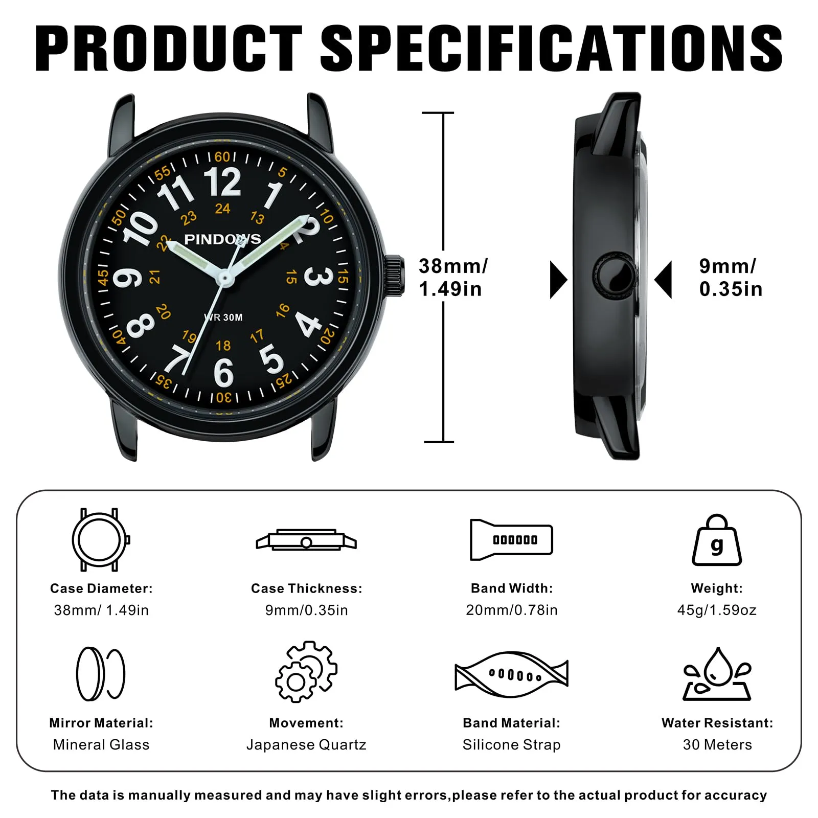 PINDOWS Orologi da polso analogici al quarzo da donna con cinturino in silicone per ragazze, signore, studentesse, facili da leggere, impermeabili. (Grün/Schwarz) - immagine 5