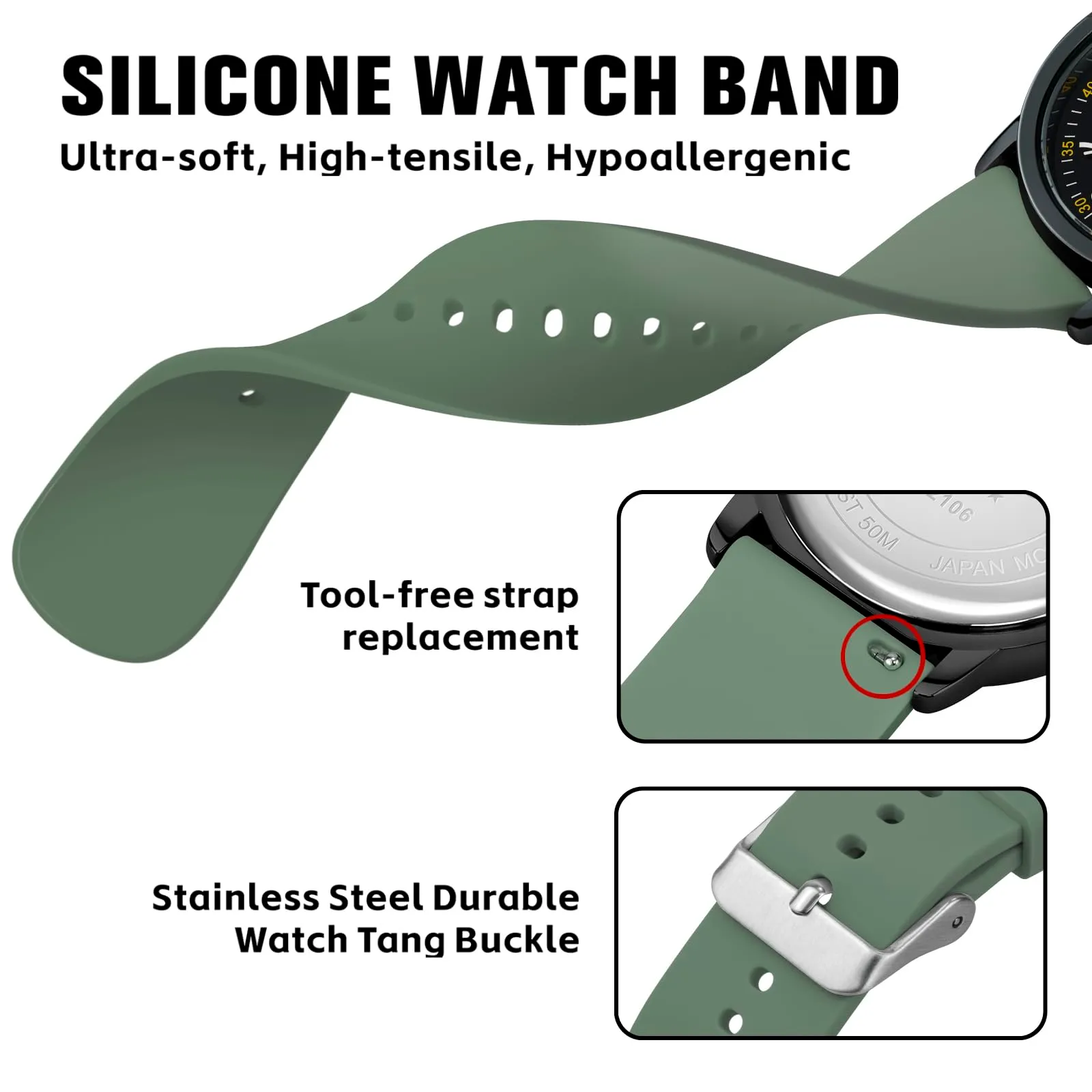 PINDOWS Orologi da polso analogici al quarzo da donna con cinturino in silicone per ragazze, signore, studentesse, facili da leggere, impermeabili. (Grün/Schwarz) - immagine 6