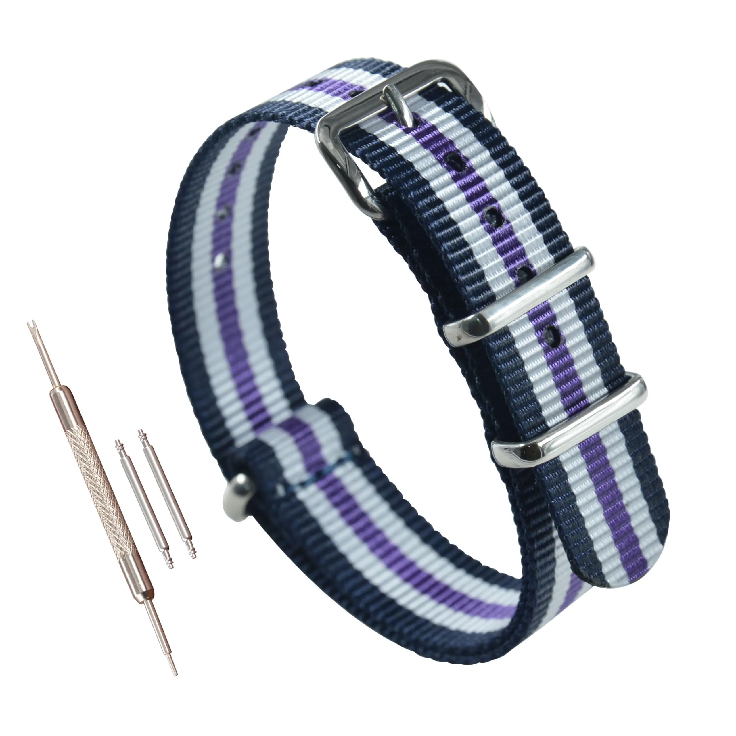 MZBUTIQ 10mm Blu/bianca/viola Cinturino Orologio Nylon Balistico di Ricambio Donna 4 anelli Fibbia Lucida - immagine 1