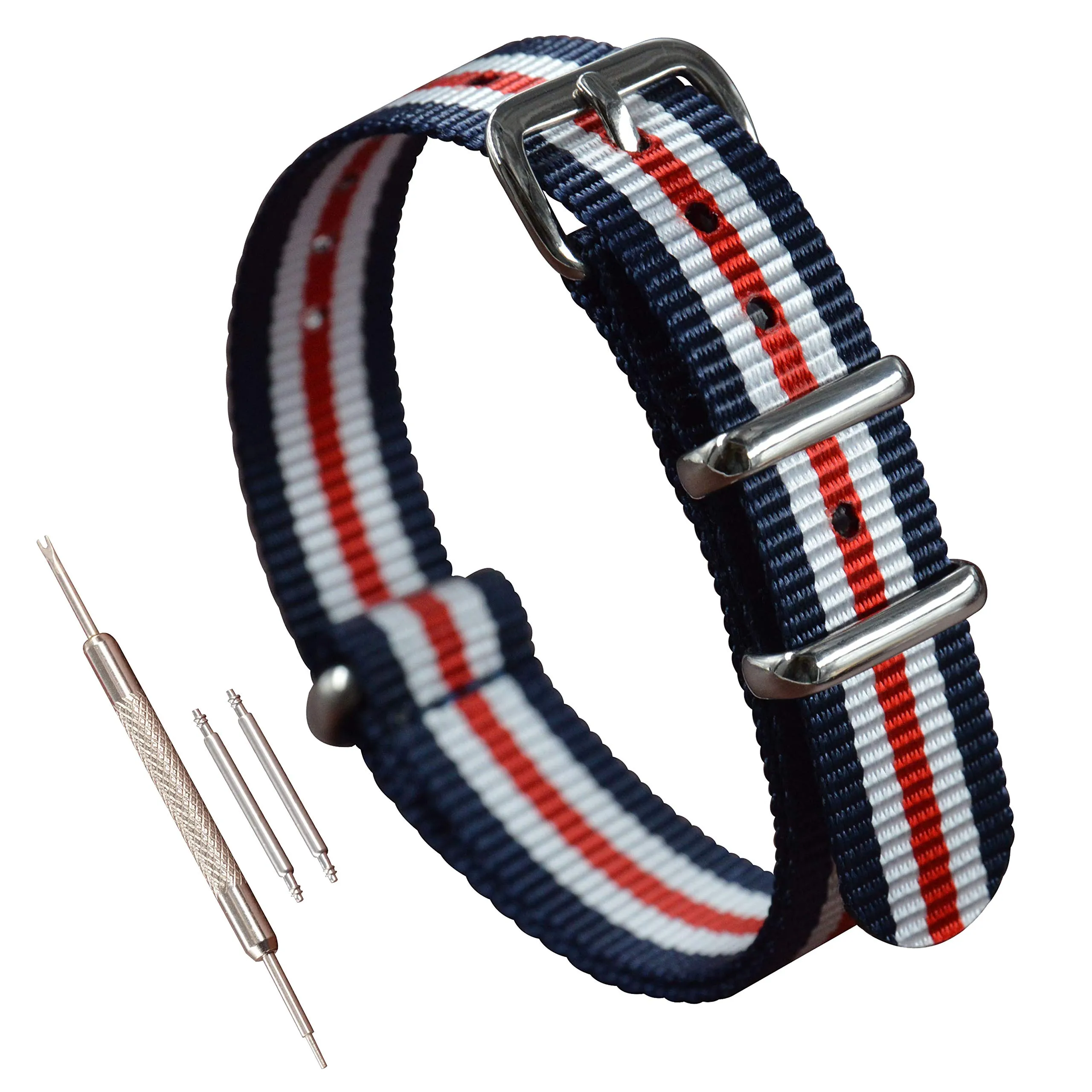 MZBUTIQ 10mm Blu/bianco/rosso Cinturino Orologio Nylon Balistico di Ricambio Donna 4 anelli Fibbia Lucida - immagine 1