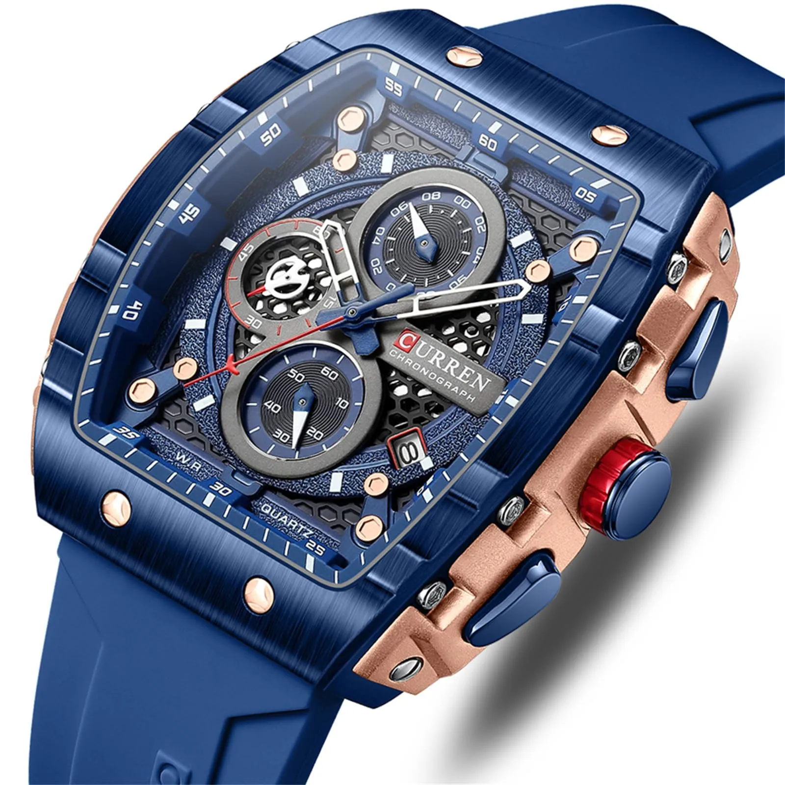 FORSINING Orologio da polso da uomo, analogico, al quarzo, alla moda, rettangolare, grande quadrante, cinturino in silicone, impermeabile, orologio militare con calendario e data, Blu scuro, Militare - immagine 2