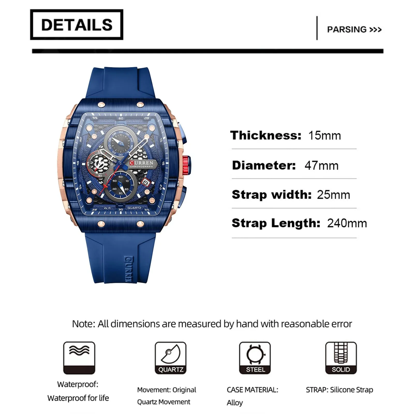 FORSINING Orologio da polso da uomo, analogico, al quarzo, alla moda, rettangolare, grande quadrante, cinturino in silicone, impermeabile, orologio militare con calendario e data, Blu scuro, Militare - immagine 3