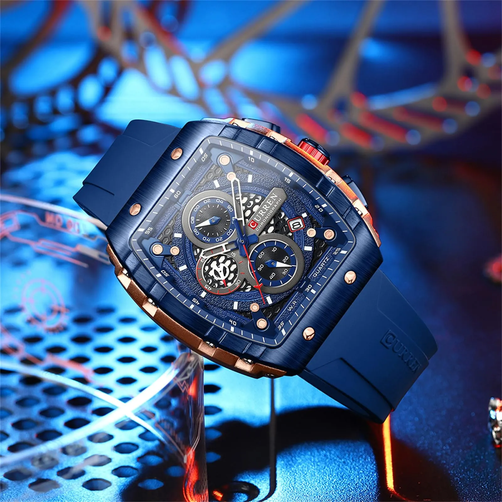 FORSINING Orologio da polso da uomo, analogico, al quarzo, alla moda, rettangolare, grande quadrante, cinturino in silicone, impermeabile, orologio militare con calendario e data, Blu scuro, Militare - immagine 4