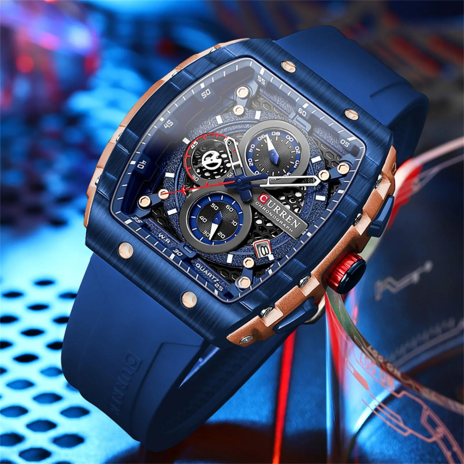 FORSINING Orologio da polso da uomo, analogico, al quarzo, alla moda, rettangolare, grande quadrante, cinturino in silicone, impermeabile, orologio militare con calendario e data, Blu scuro, Militare - immagine 5
