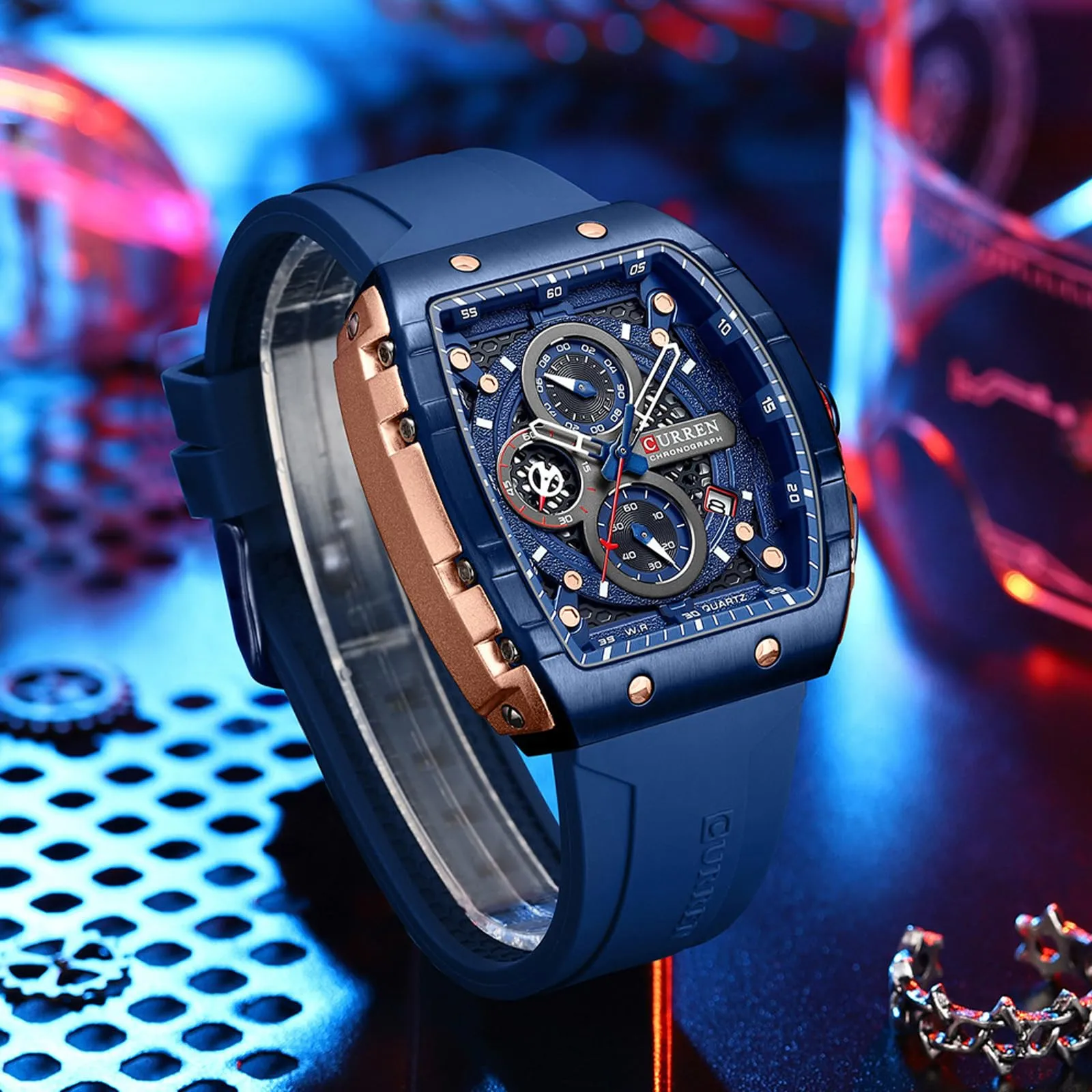FORSINING Orologio da polso da uomo, analogico, al quarzo, alla moda, rettangolare, grande quadrante, cinturino in silicone, impermeabile, orologio militare con calendario e data, Blu scuro, Militare - immagine 6
