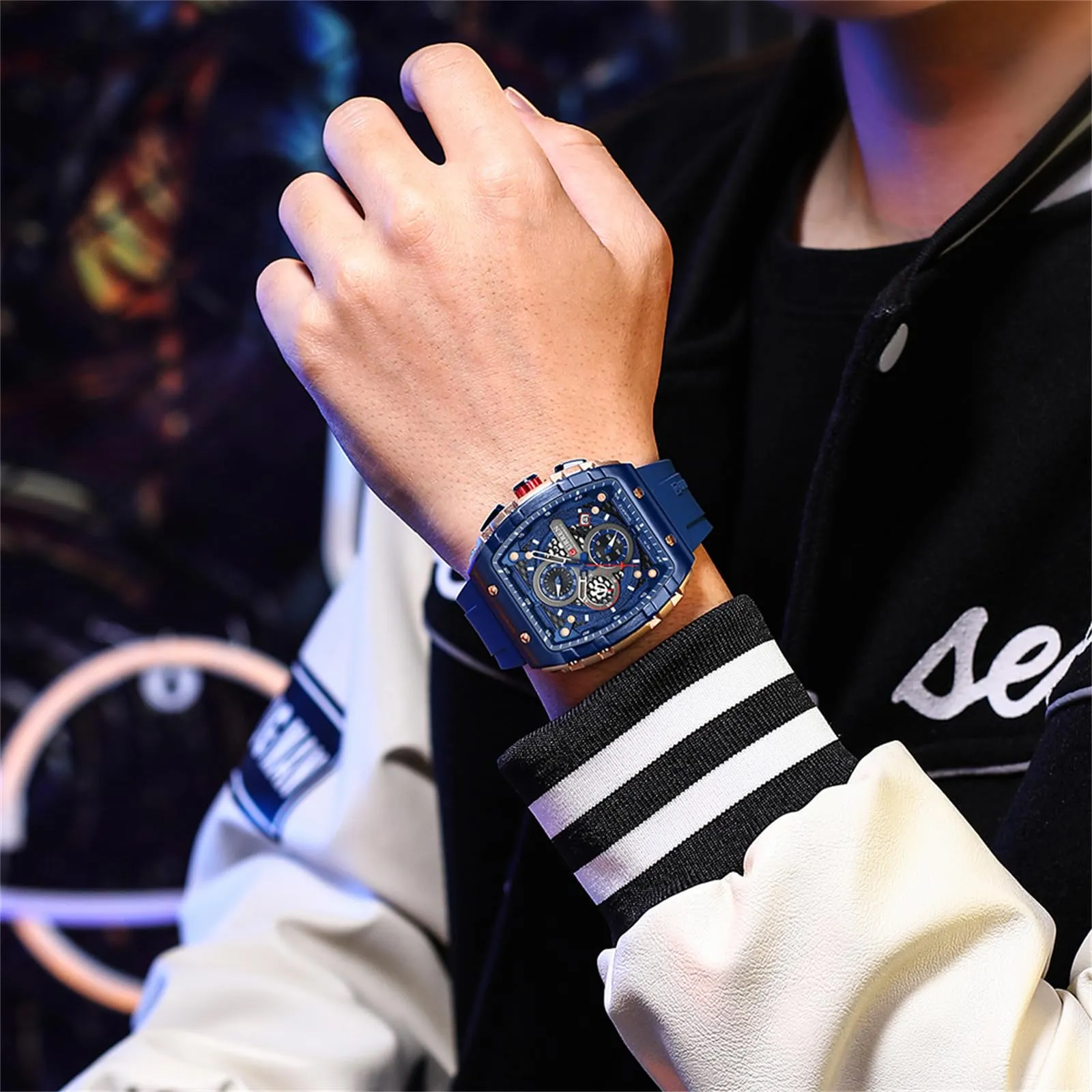 FORSINING Orologio da polso da uomo, analogico, al quarzo, alla moda, rettangolare, grande quadrante, cinturino in silicone, impermeabile, orologio militare con calendario e data, Blu scuro, Militare - immagine 7