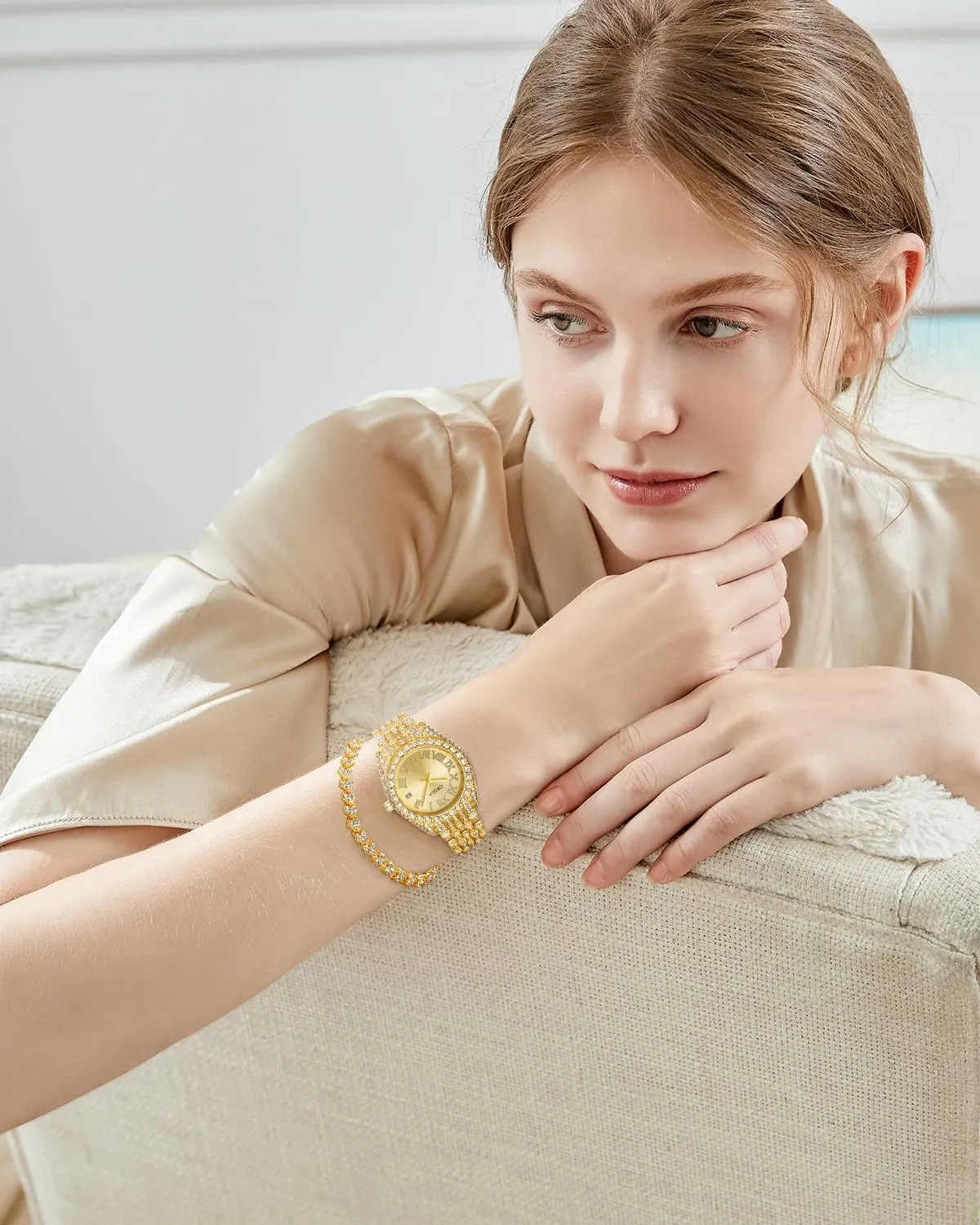CIVO Orologio Donna Oro Acciaio Inossidabile Analogico Orologi da Polso Impermeabile Classico Affari Orologi Donna Quarzo Calendario Luminosi Set Regali Eleganti per Donna - immagine 2