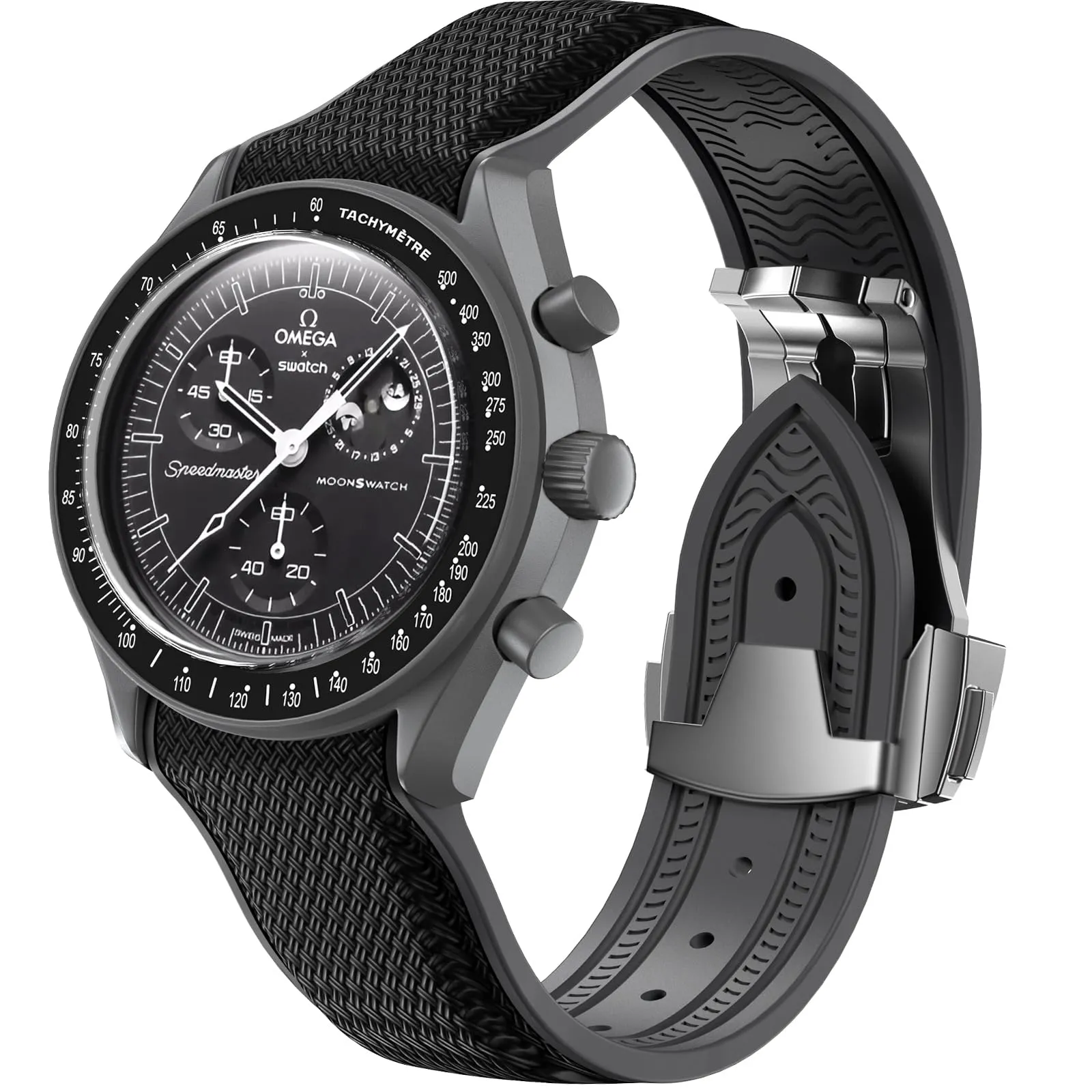Cinturino per orologio Omega x Swatch MoonSwatch da 20 mm, cinturino pieghevole con fibbia compatibile con Omega X, Swatch Moonswatch Speedmaster, curvo senza spazi vuoti, cinturino di (Nero) - immagine 1