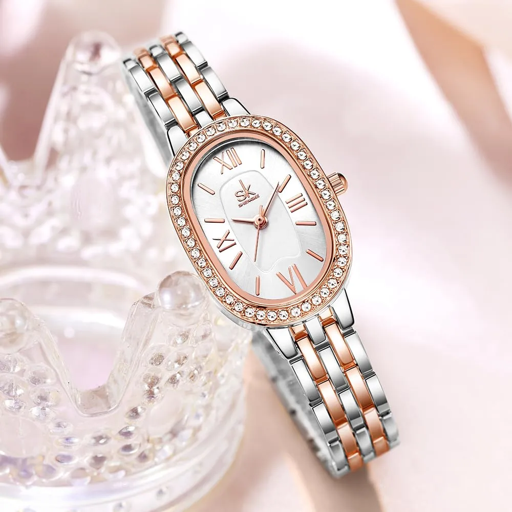 SHENGKE SK Orologio da donna con bracciale in acciaio massiccio a forma di ovale e accessoriato con cristalli (Argento-rosa) - immagine 3