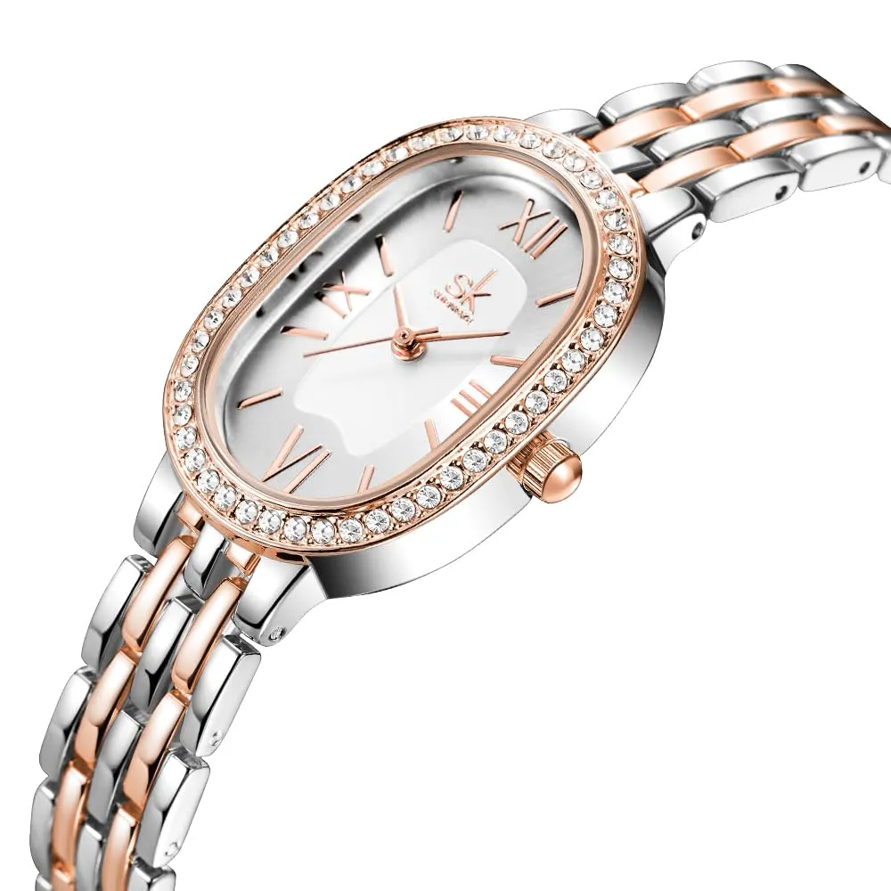 SHENGKE SK Orologio da donna con bracciale in acciaio massiccio a forma di ovale e accessoriato con cristalli (Argento-rosa) - immagine 4