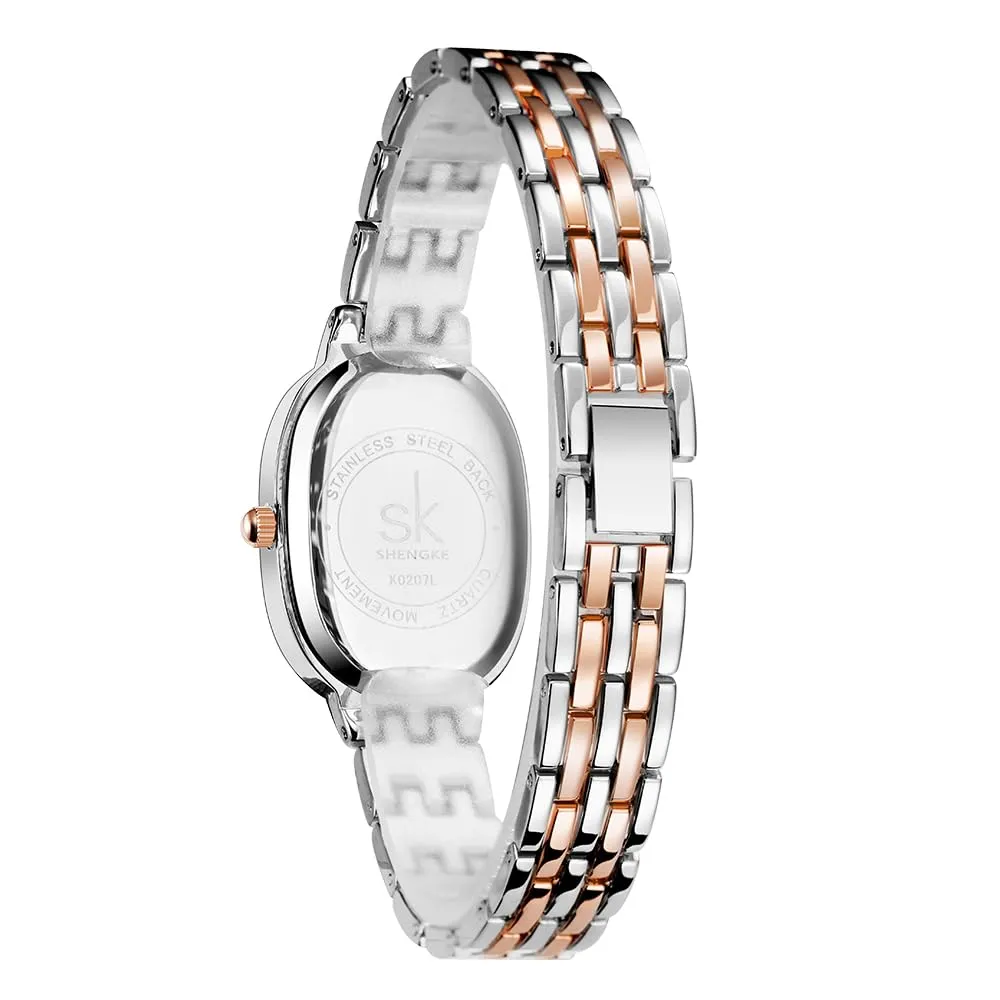 SHENGKE SK Orologio da donna con bracciale in acciaio massiccio a forma di ovale e accessoriato con cristalli (Argento-rosa) - immagine 5