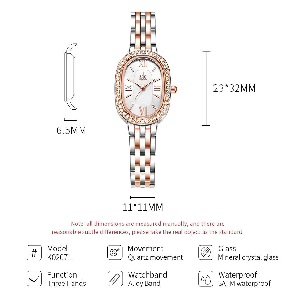 SHENGKE SK Orologio da donna con bracciale in acciaio massiccio a forma di ovale e accessoriato con cristalli (Argento-rosa) - immagine 6