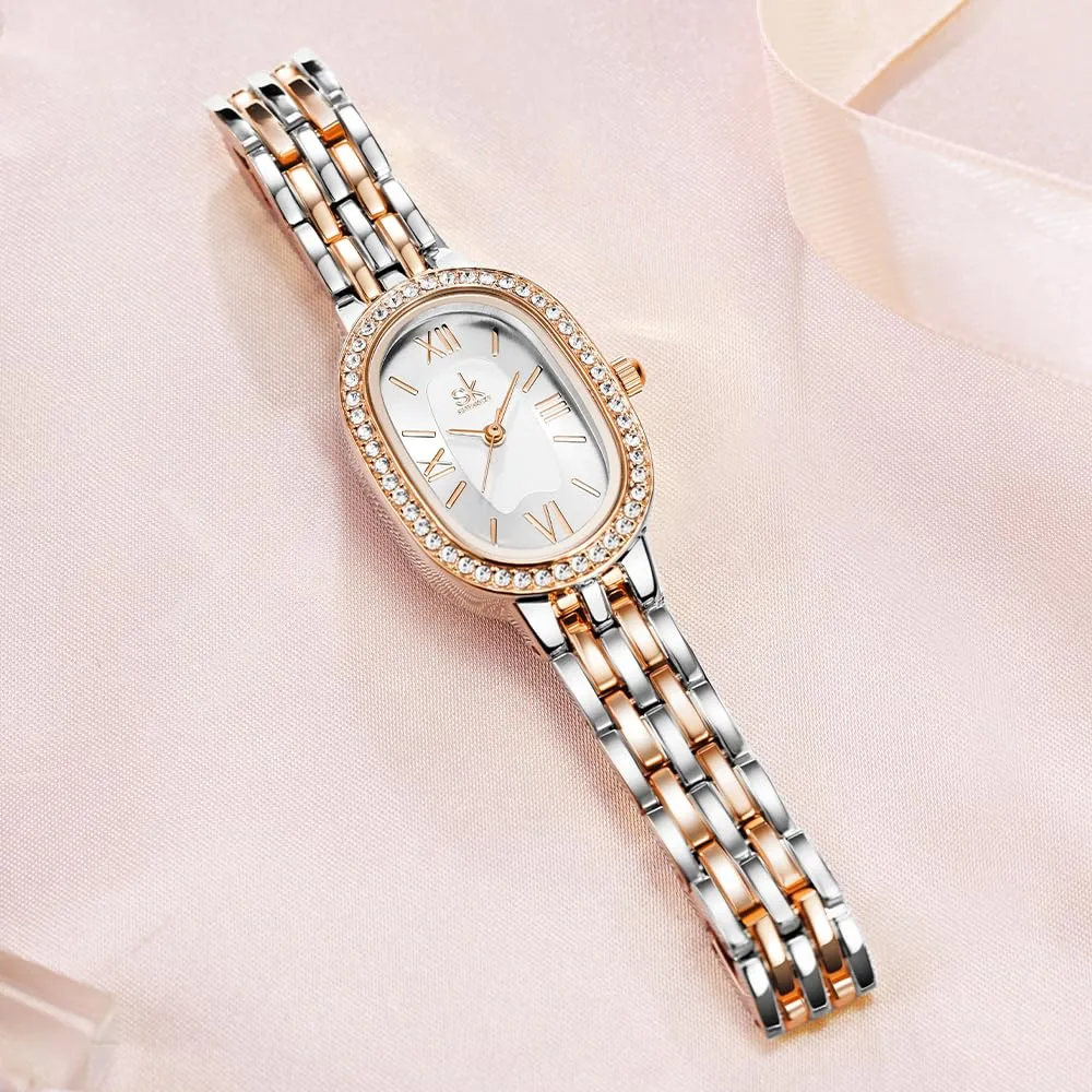 SHENGKE SK Orologio da donna con bracciale in acciaio massiccio a forma di ovale e accessoriato con cristalli (Argento-rosa) - immagine 7