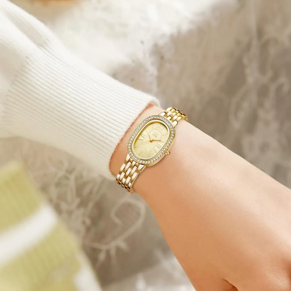 SHENGKE SK Orologio da donna con bracciale in acciaio massiccio a forma di ovale e accessoriato con cristalli (Oro) - immagine 2
