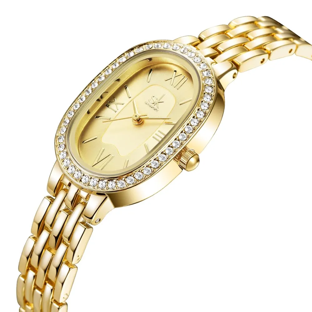 SHENGKE SK Orologio da donna con bracciale in acciaio massiccio a forma di ovale e accessoriato con cristalli (Oro) - immagine 4