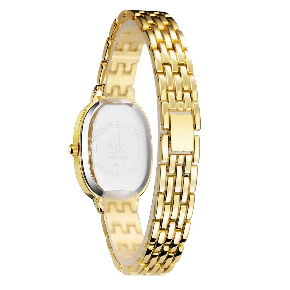SHENGKE SK Orologio da donna con bracciale in acciaio massiccio a forma di ovale e accessoriato con cristalli (Oro) - immagine 5