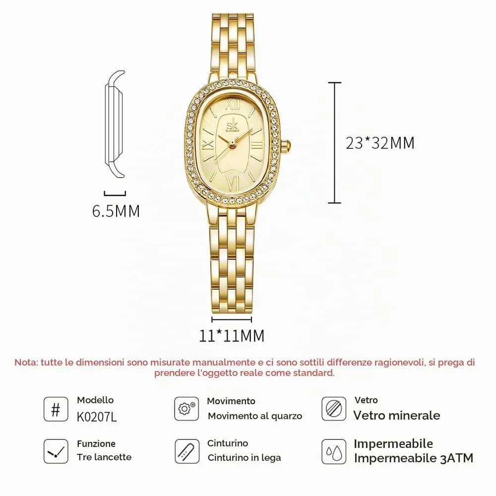 SHENGKE SK Orologio da donna con bracciale in acciaio massiccio a forma di ovale e accessoriato con cristalli (Oro) - immagine 6