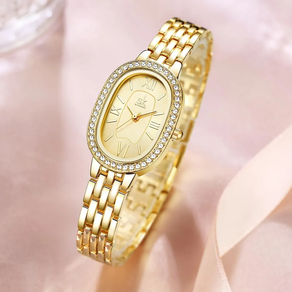 SHENGKE SK Orologio da donna con bracciale in acciaio massiccio a forma di ovale e accessoriato con cristalli (Oro) - immagine 7