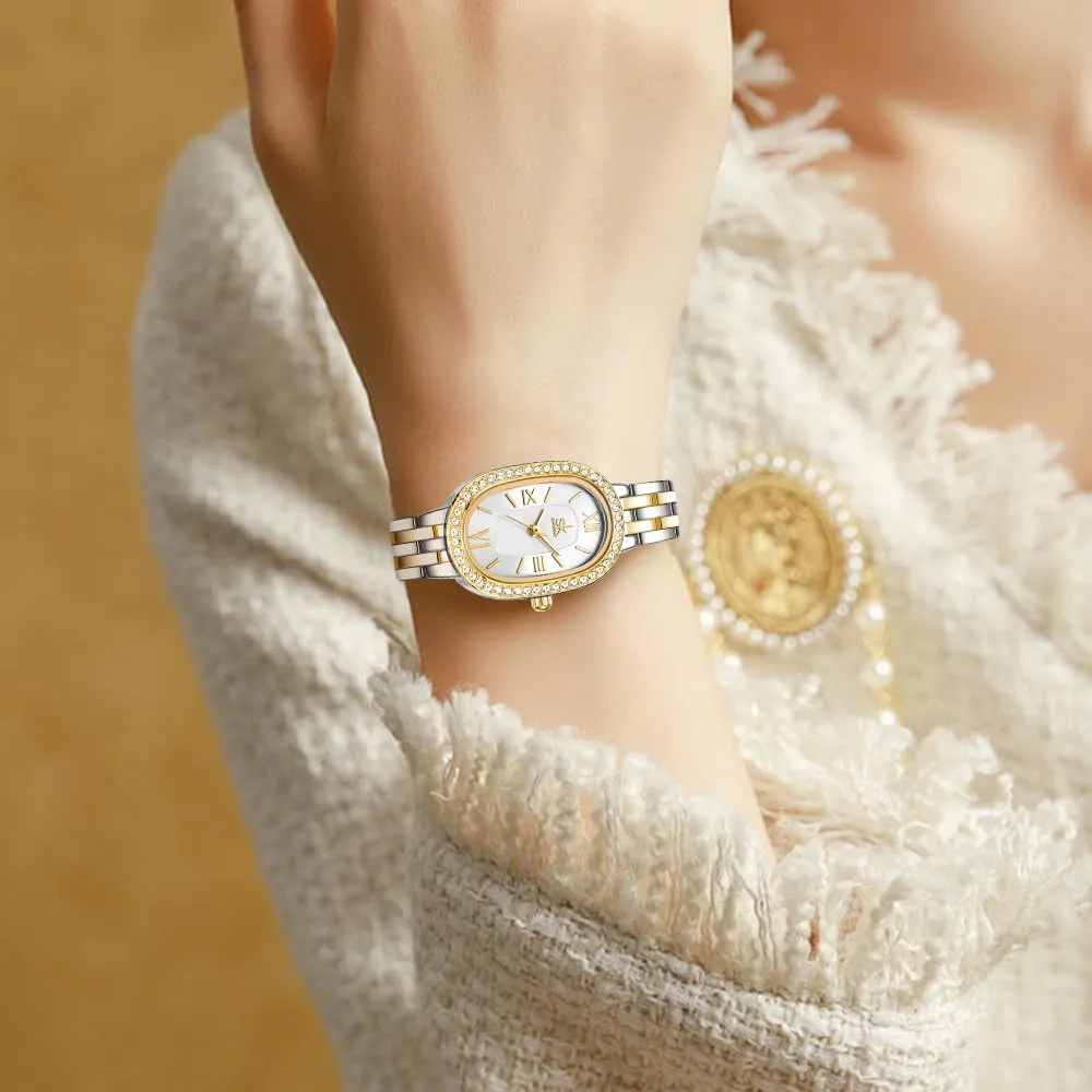 SHENGKE SK Orologio da donna con bracciale in acciaio massiccio a forma di ovale e accessoriato con cristalli (Argento-Oro) - immagine 2