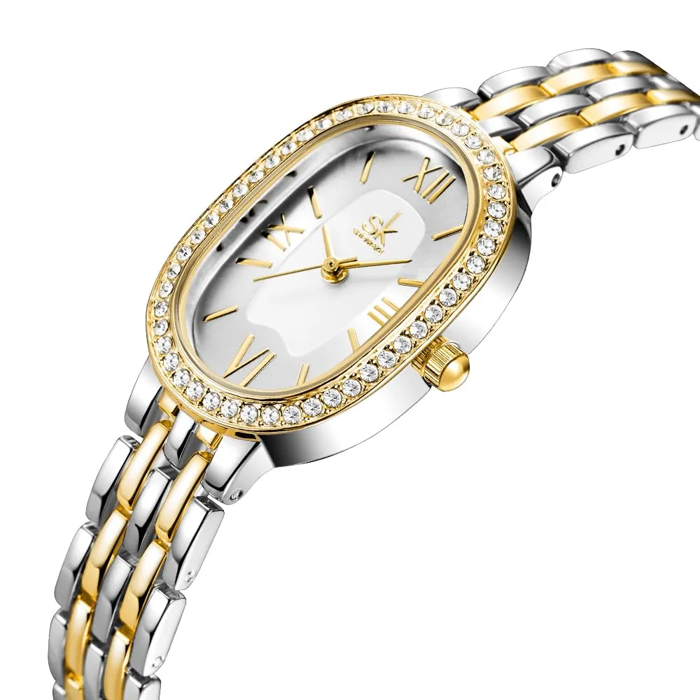 SHENGKE SK Orologio da donna con bracciale in acciaio massiccio a forma di ovale e accessoriato con cristalli (Argento-Oro) - immagine 3