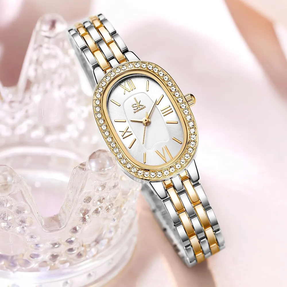 SHENGKE SK Orologio da donna con bracciale in acciaio massiccio a forma di ovale e accessoriato con cristalli (Argento-Oro) - immagine 4