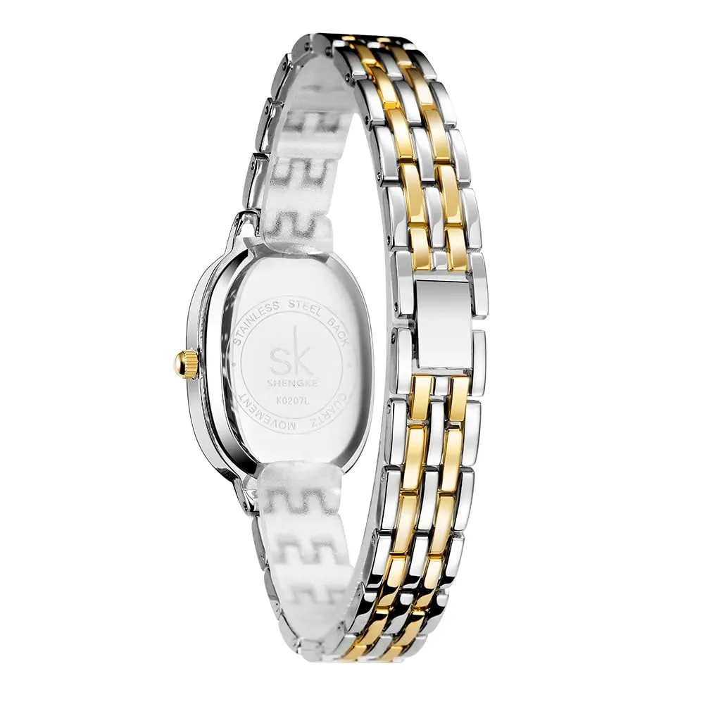 SHENGKE SK Orologio da donna con bracciale in acciaio massiccio a forma di ovale e accessoriato con cristalli (Argento-Oro) - immagine 5