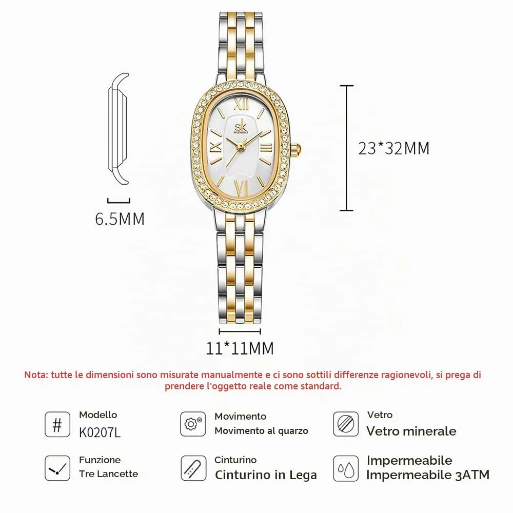 SHENGKE SK Orologio da donna con bracciale in acciaio massiccio a forma di ovale e accessoriato con cristalli (Argento-Oro) - immagine 6