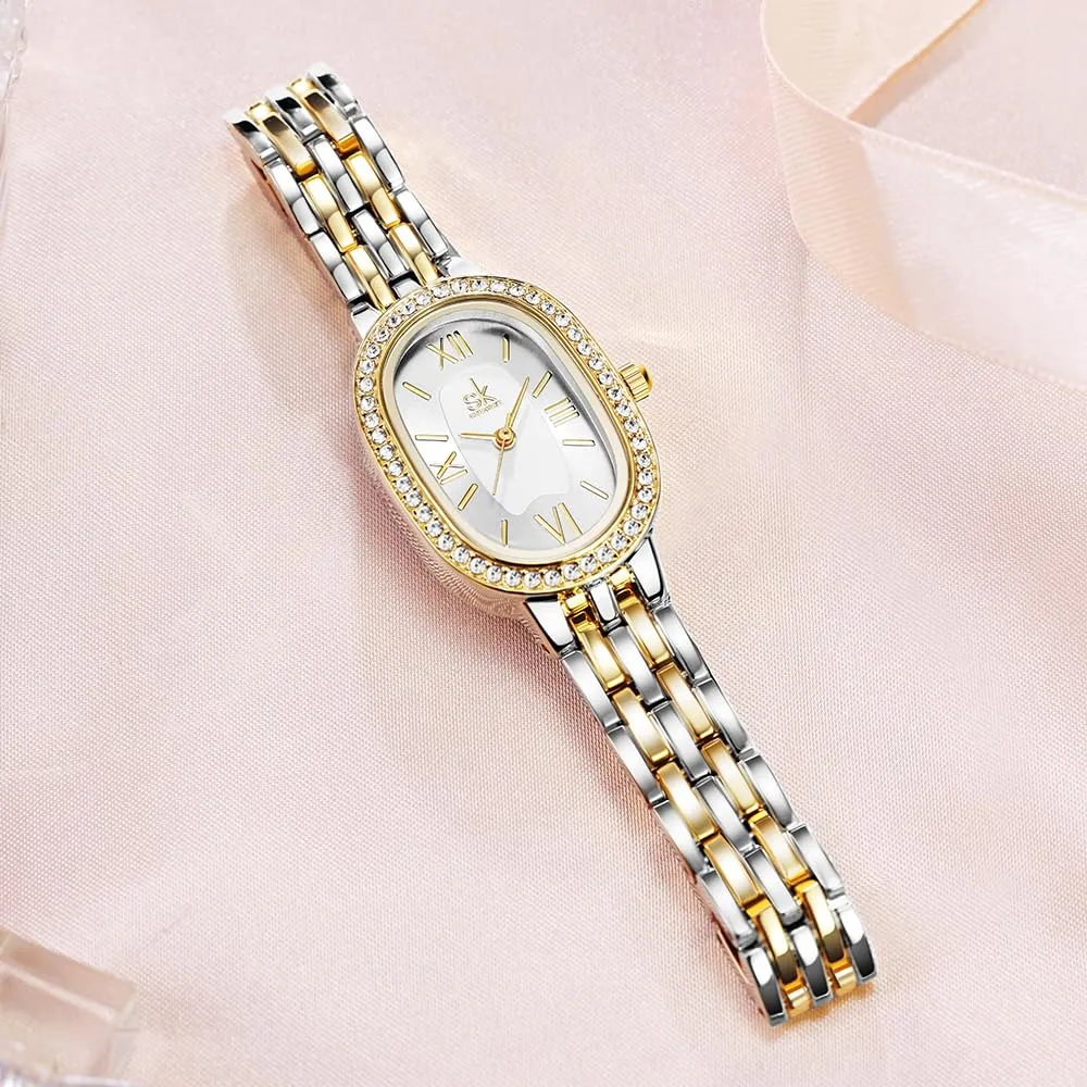 SHENGKE SK Orologio da donna con bracciale in acciaio massiccio a forma di ovale e accessoriato con cristalli (Argento-Oro) - immagine 7