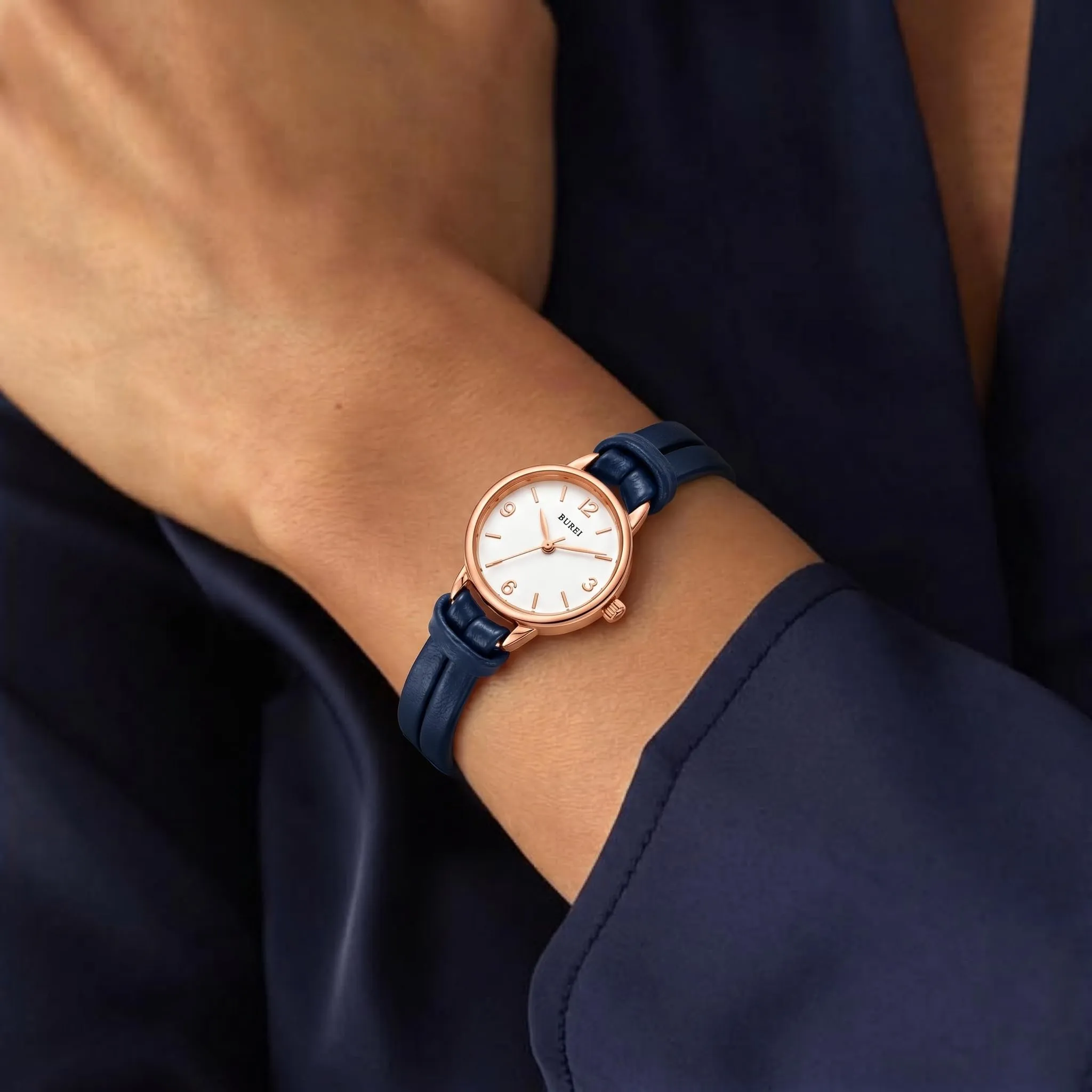 BUREI Mini orologio da donna analogico al quarzo, elegante orologio da polso da donna con cinturino in pelle per donne, Nero, Minimalista (blu) - immagine 3