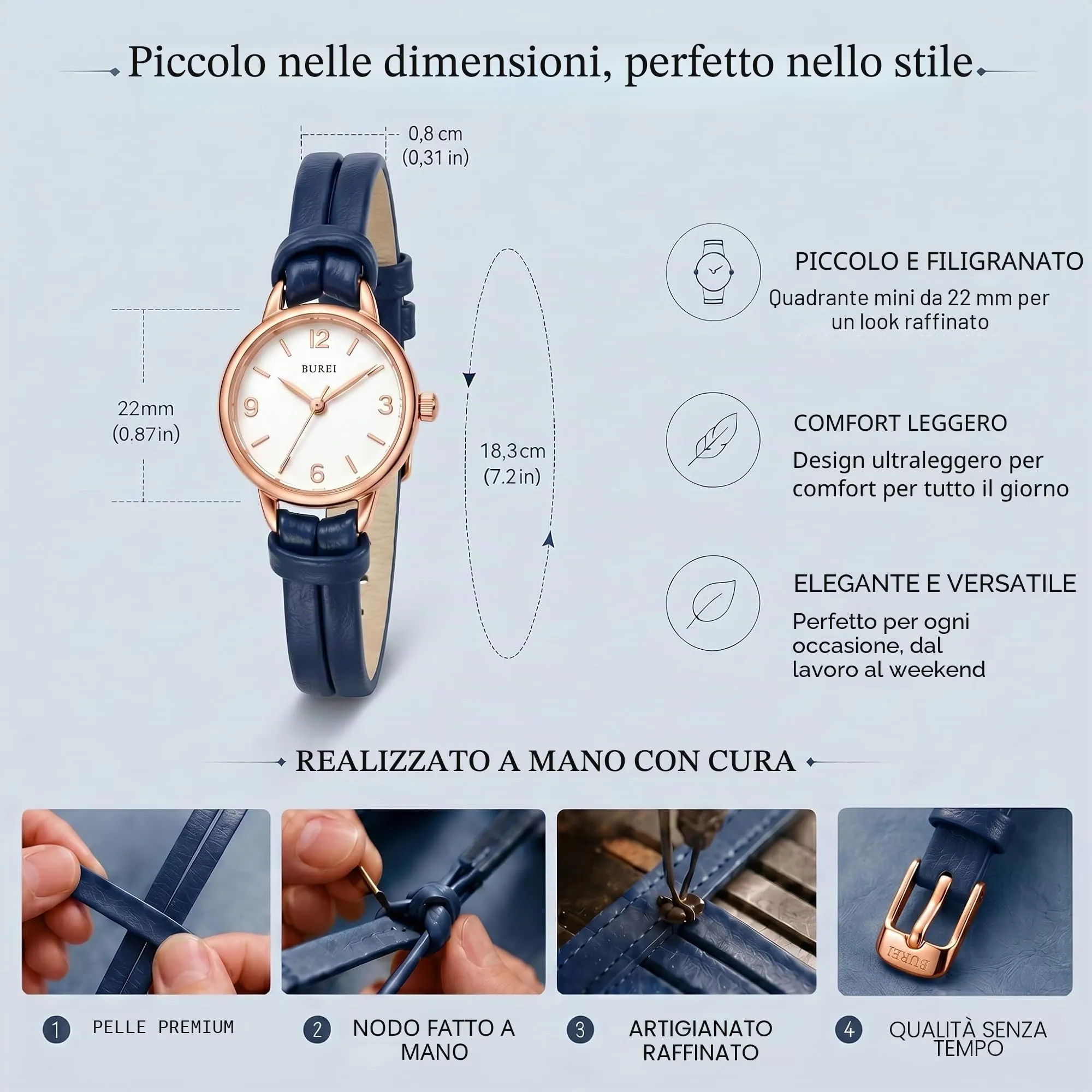 BUREI Mini orologio da donna analogico al quarzo, elegante orologio da polso da donna con cinturino in pelle per donne, Nero, Minimalista (blu) - immagine 5
