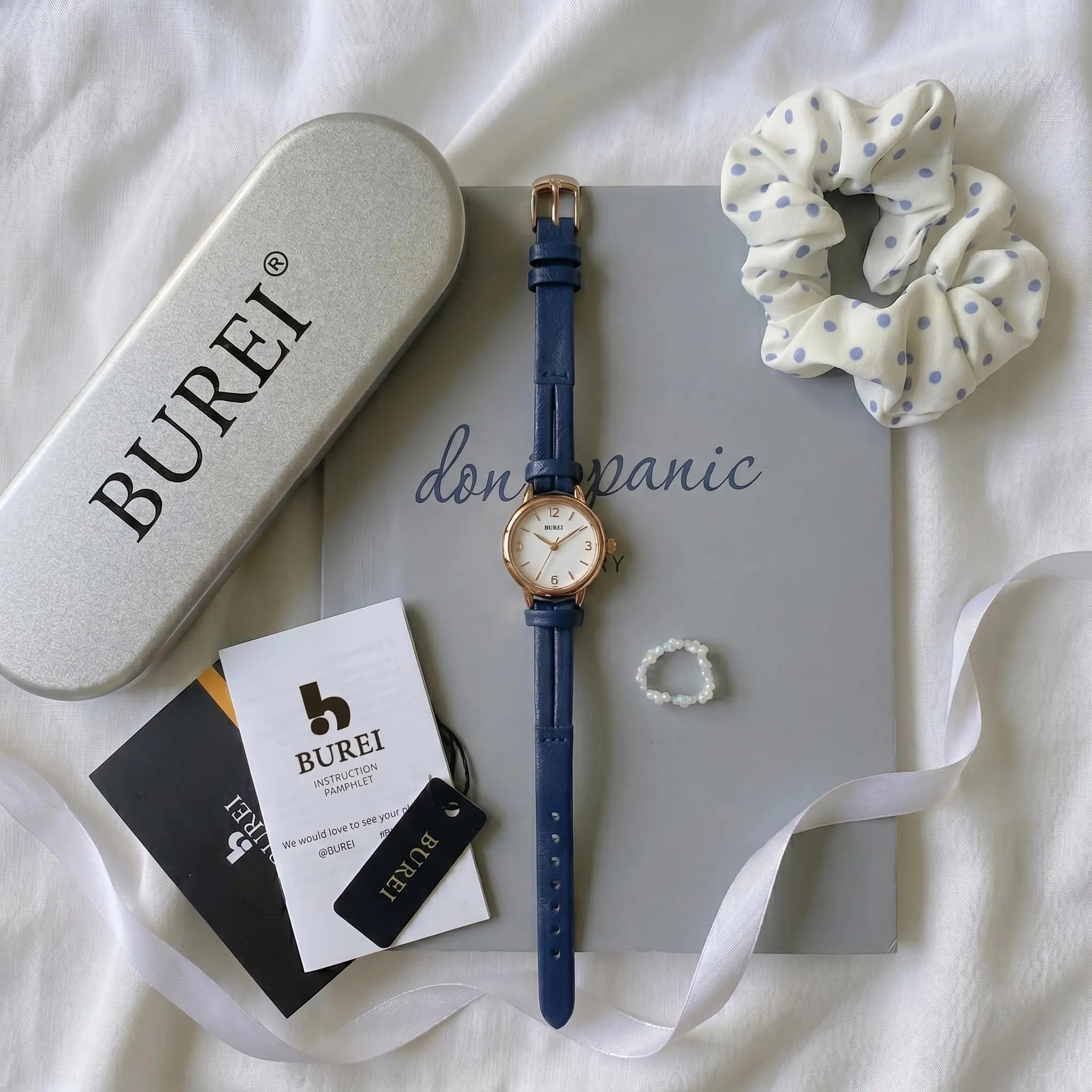 BUREI Mini orologio da donna analogico al quarzo, elegante orologio da polso da donna con cinturino in pelle per donne, Nero, Minimalista (blu) - immagine 6