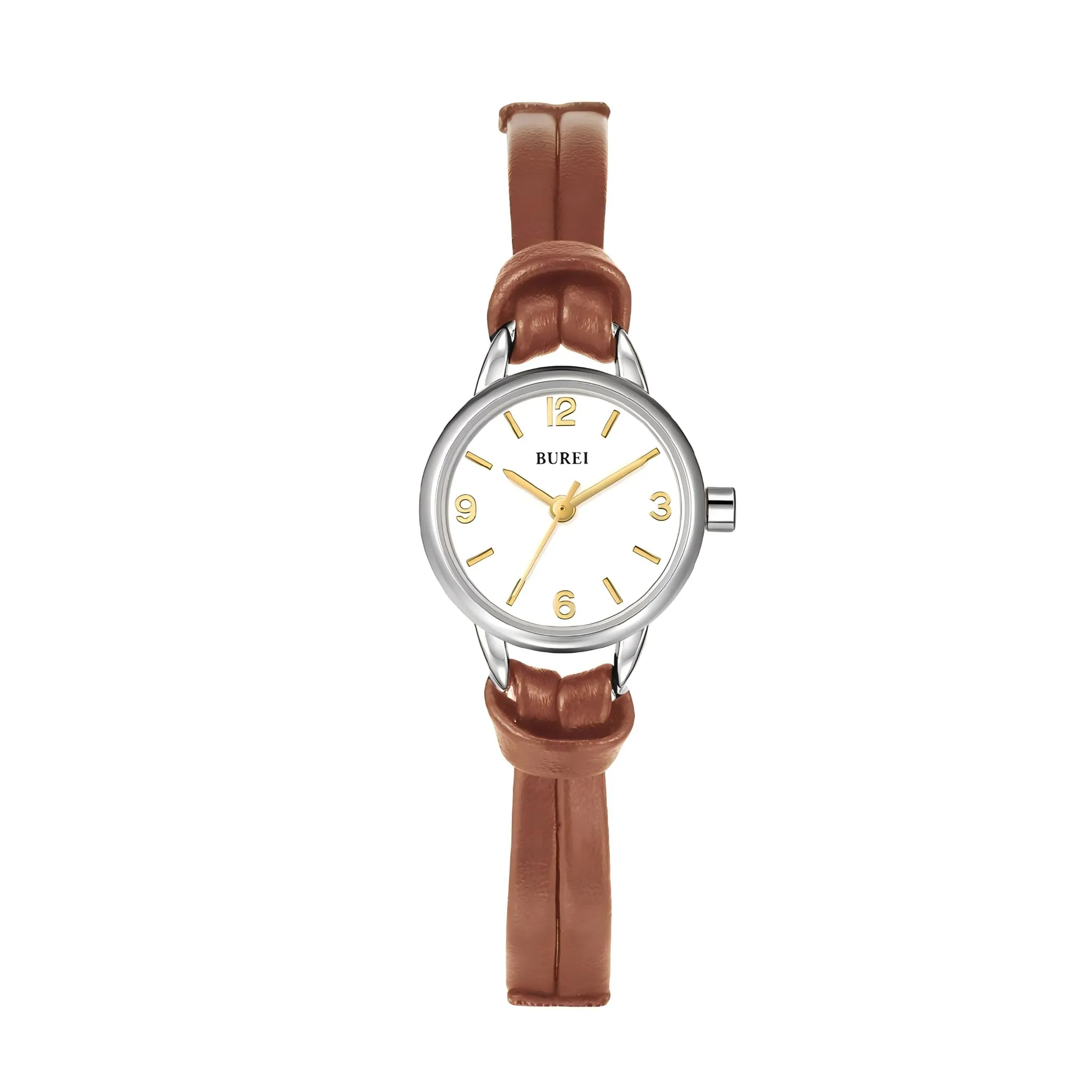 BUREI Mini orologio da donna analogico al quarzo, elegante orologio da polso da donna con cinturino in pelle per donne, Nero, Minimalista (Marrone Argento) - immagine 1