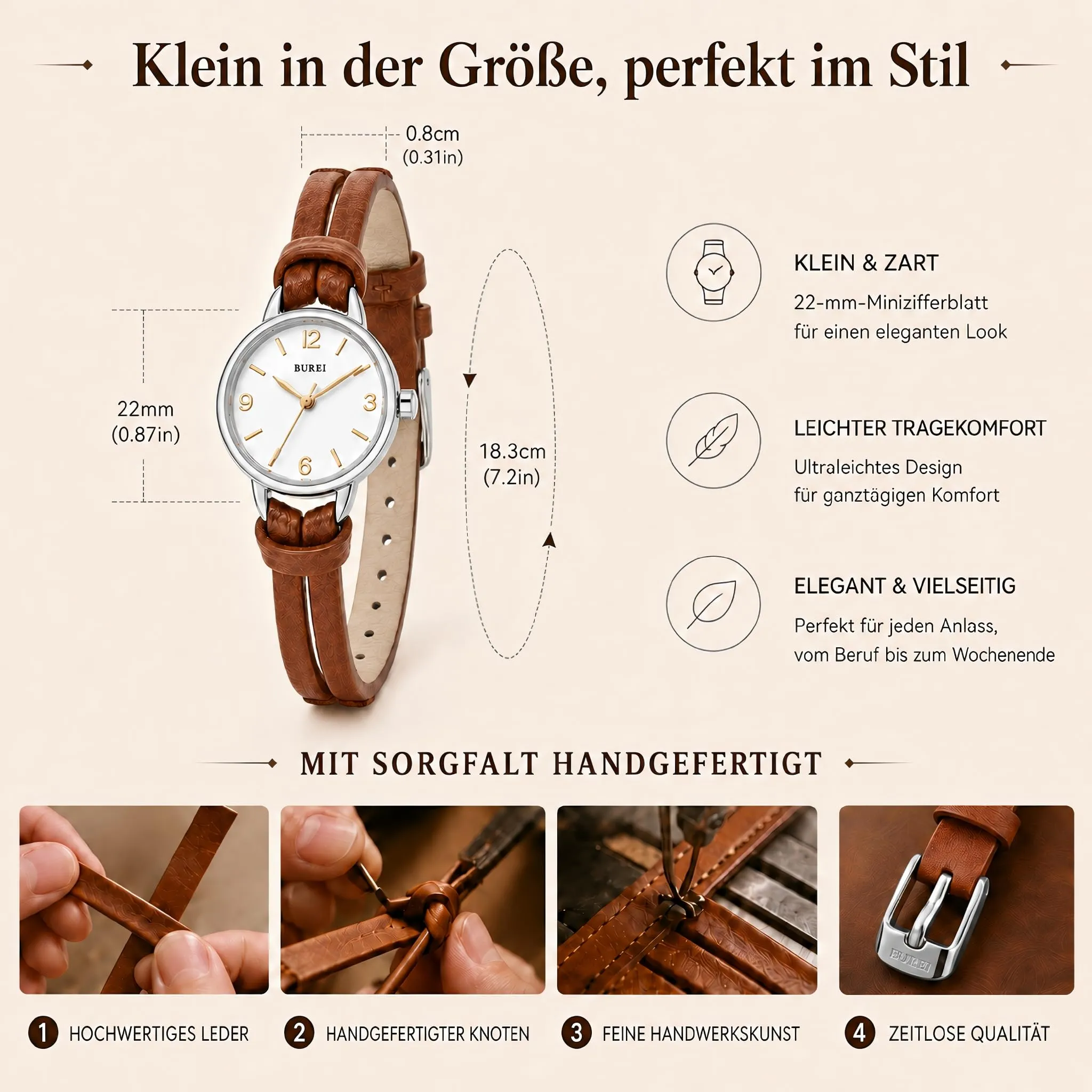 BUREI Mini orologio da donna analogico al quarzo, elegante orologio da polso da donna con cinturino in pelle per donne, Nero, Minimalista (Marrone Argento) - immagine 5